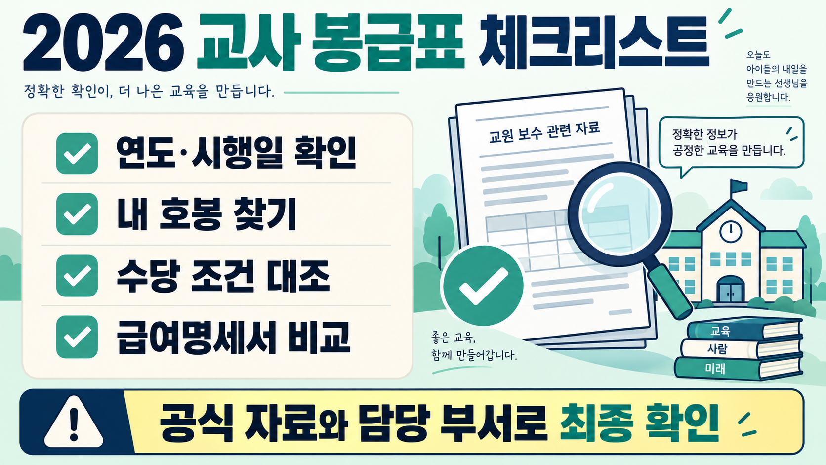 2026년 유치원·초등 교사 봉급표: 월급·연봉 확인 가이드 확인 정보 카드
