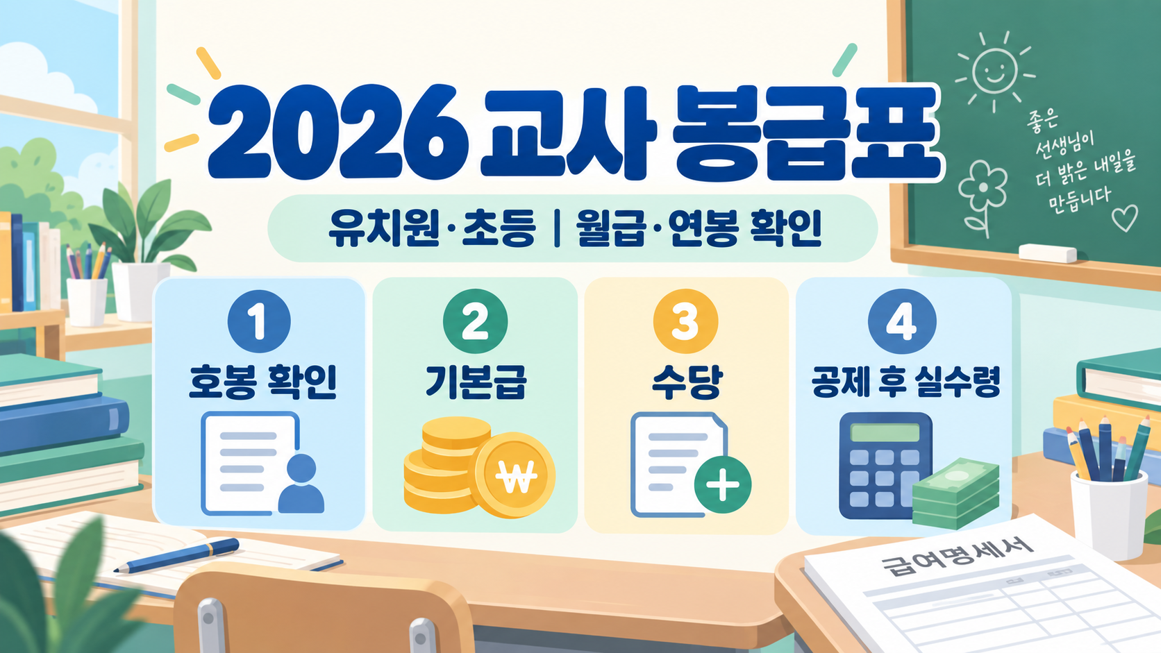2026년 유치원·초등 교사 봉급표: 월급·연봉 확인 가이드 정보 카드