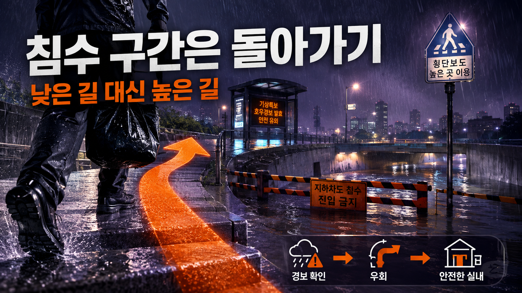 침수 구간을 피해 안전한 실내로 우회하는 집중호우 행동 요령