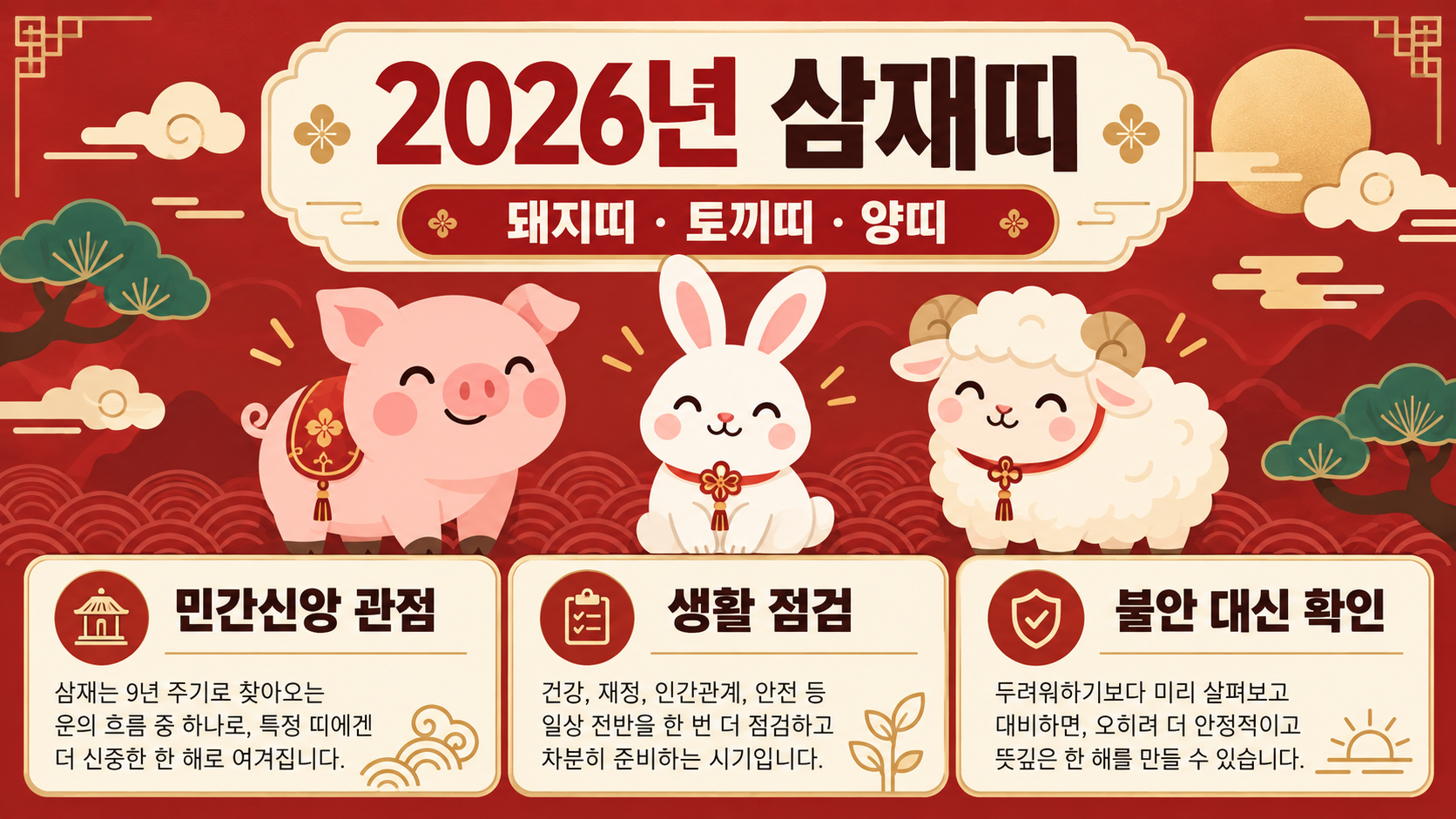 2026년 삼재띠: 돼지·토끼·양띠와 복삼재, 차분한 생활 점검법 정보 카드