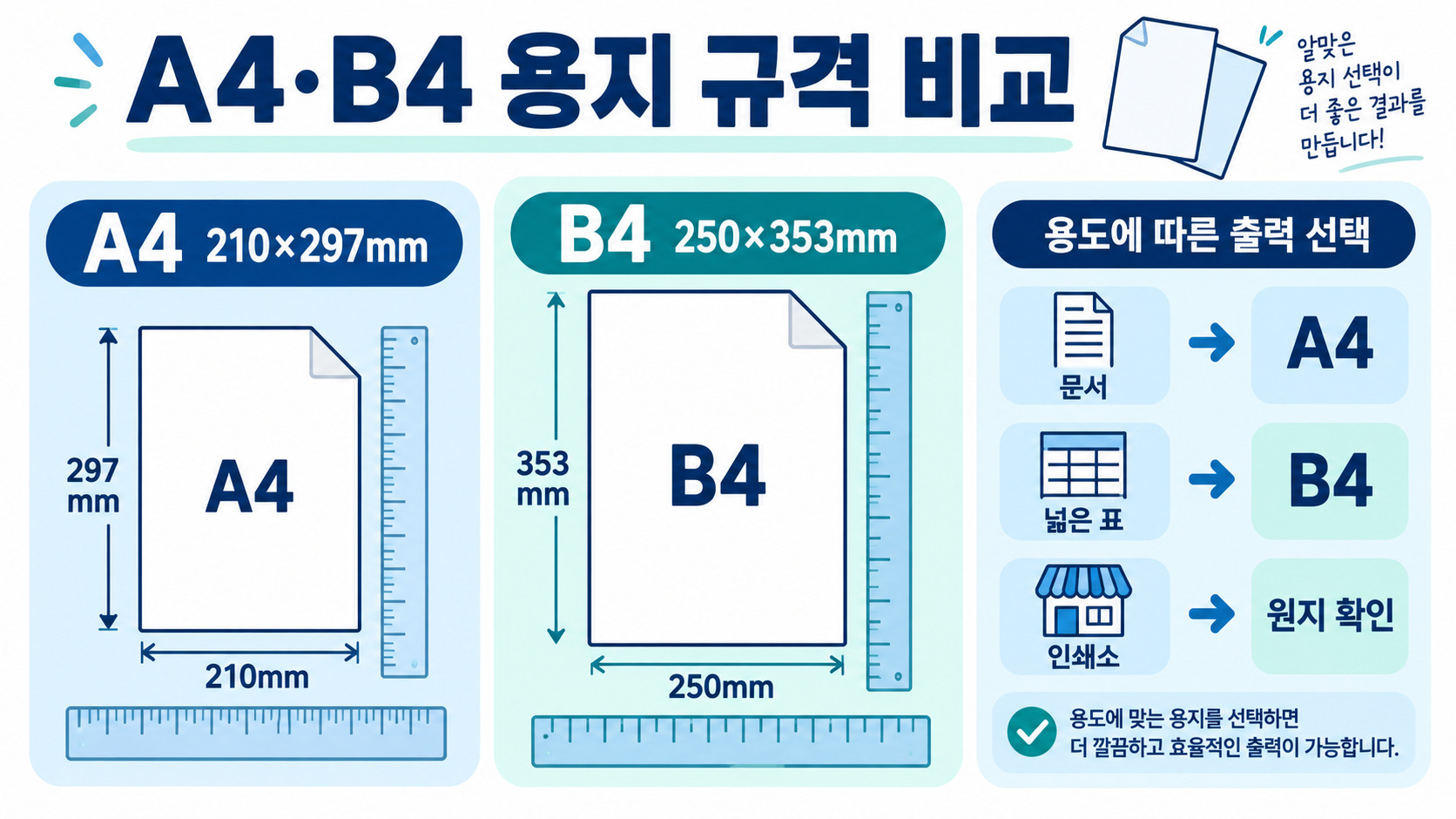 A4·B4·국전지·사륙전지 용지 규격 비교와 출력 선택 가이드 정보 카드