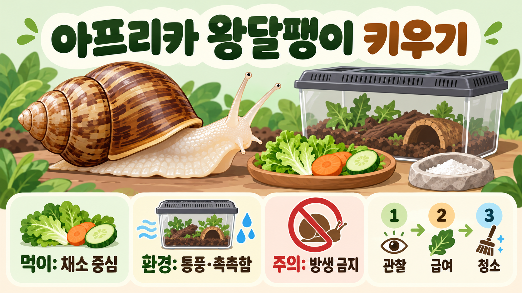 아프리카 왕달팽이 키우기: 백와 먹이·수명·사육환경 체크리스트 정보 카드