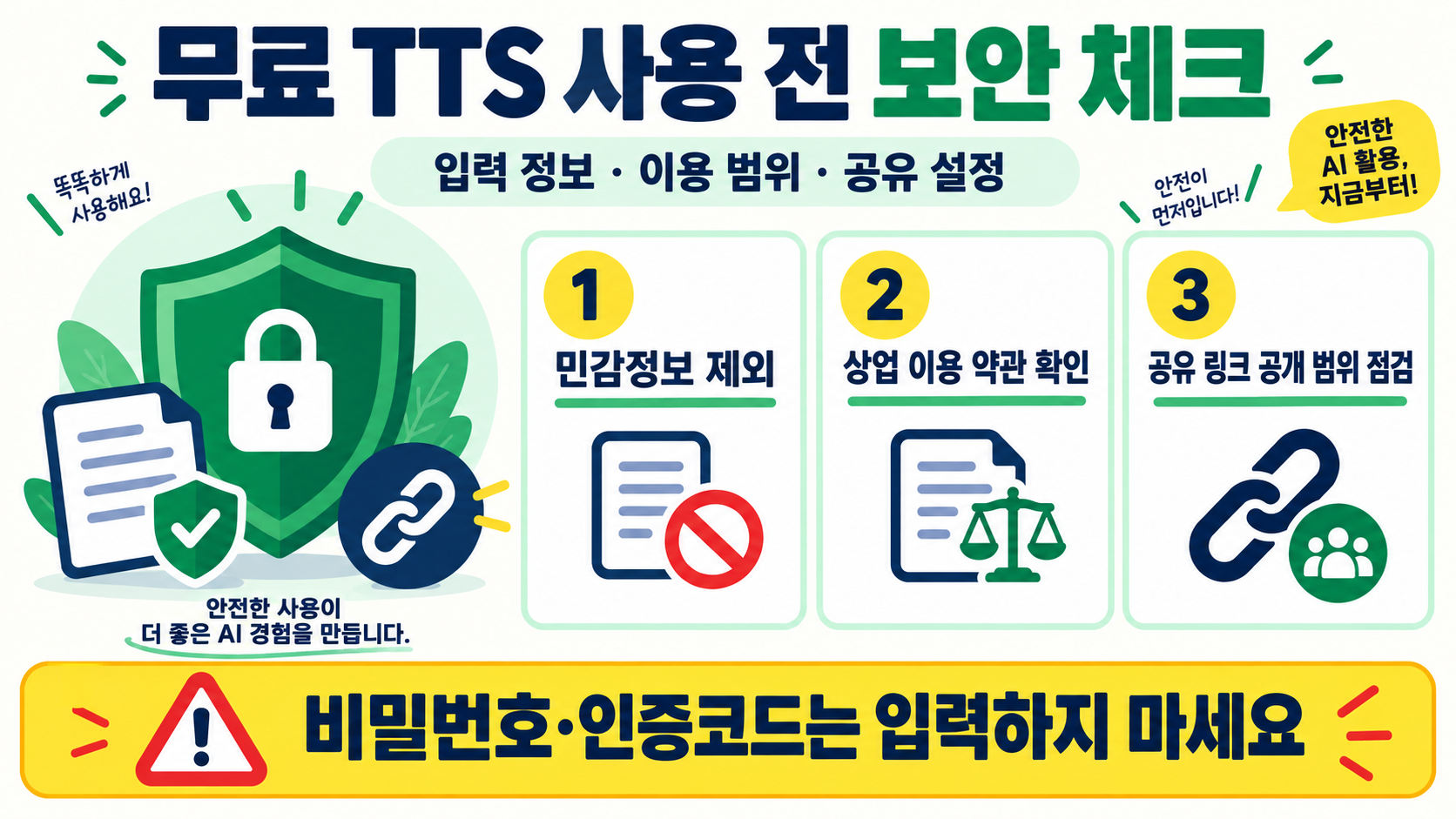 무료 AI 음성 TTS 사이트 고르는 법: 한국어 품질·상업 이용·보안 체크리스트 확인 정보 카드