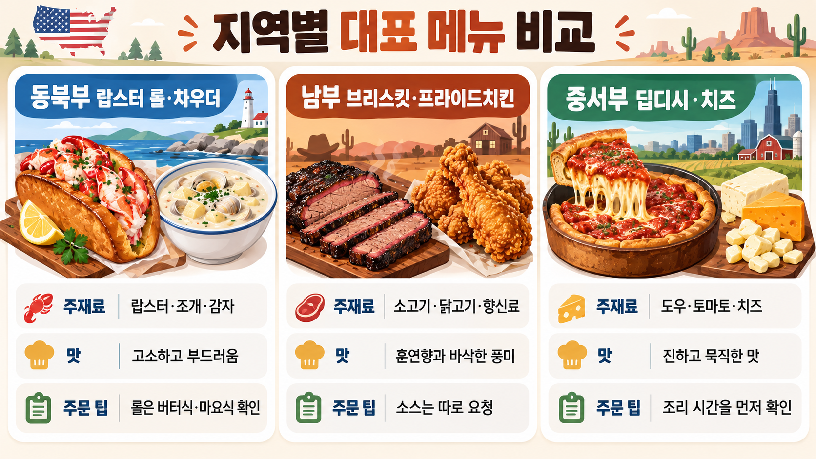 꼭 먹어 보아야 할 미국 전통 음식: 지역별 대표 메뉴와 주문 팁 관련 정보 카드