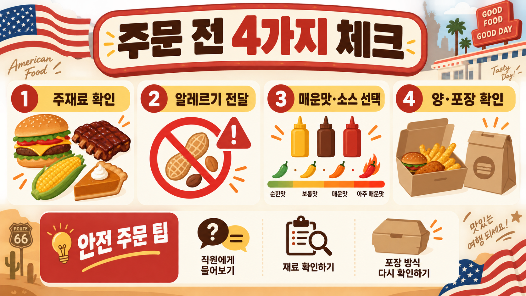 꼭 먹어 보아야 할 미국 전통 음식: 지역별 대표 메뉴와 주문 팁 확인 정보 카드