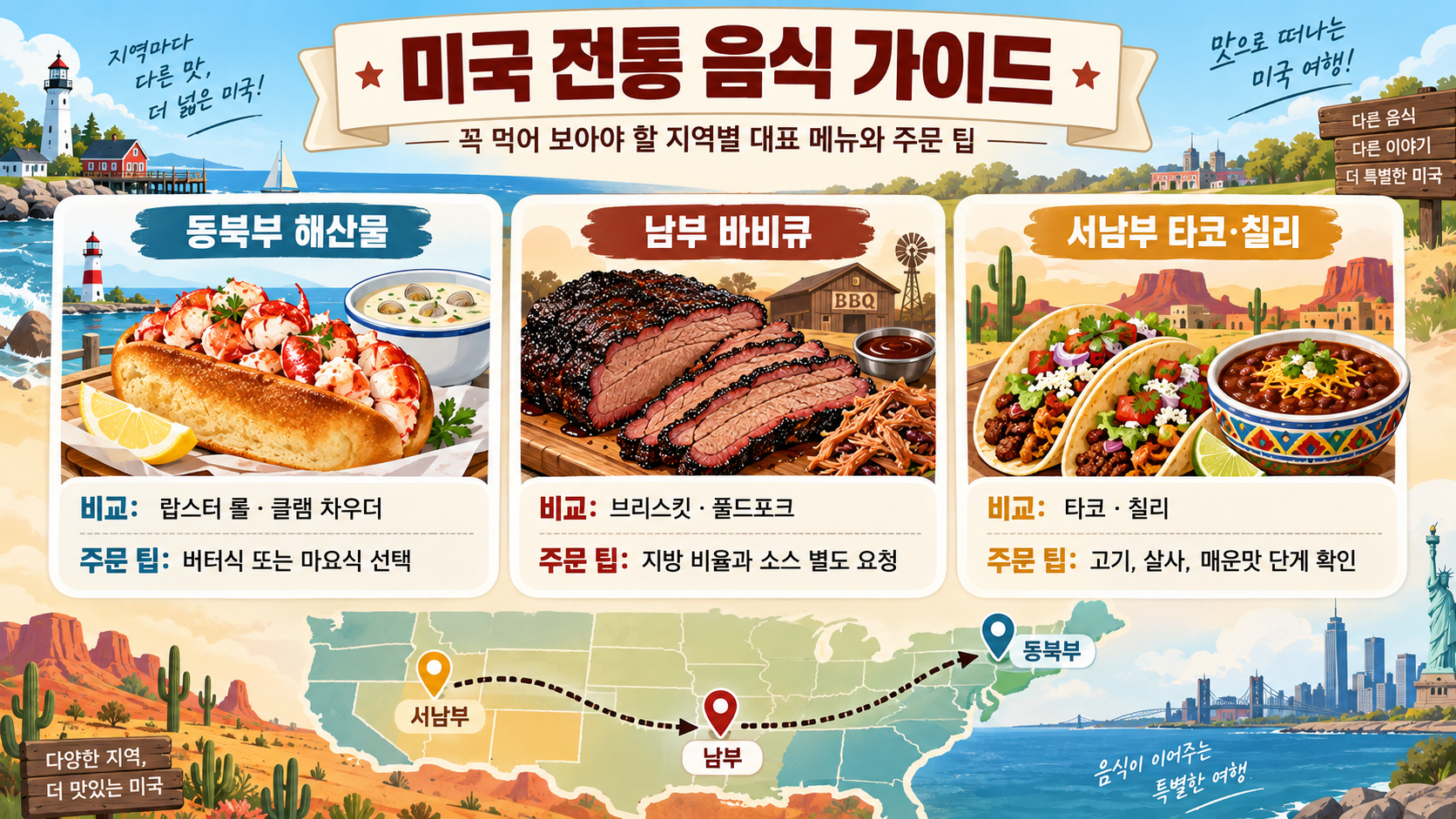 꼭 먹어 보아야 할 미국 전통 음식: 지역별 대표 메뉴와 주문 팁 정보 카드