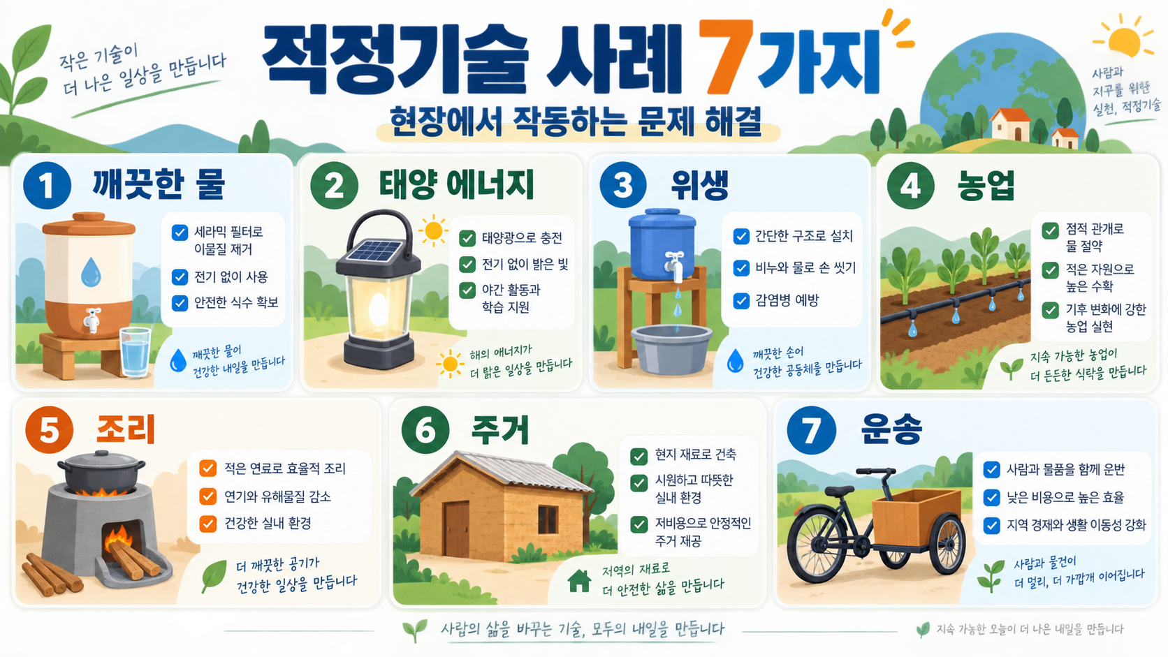 적정기술 사례 7가지: 현장에서 작동하는 문제 해결 아이디어 정보 카드