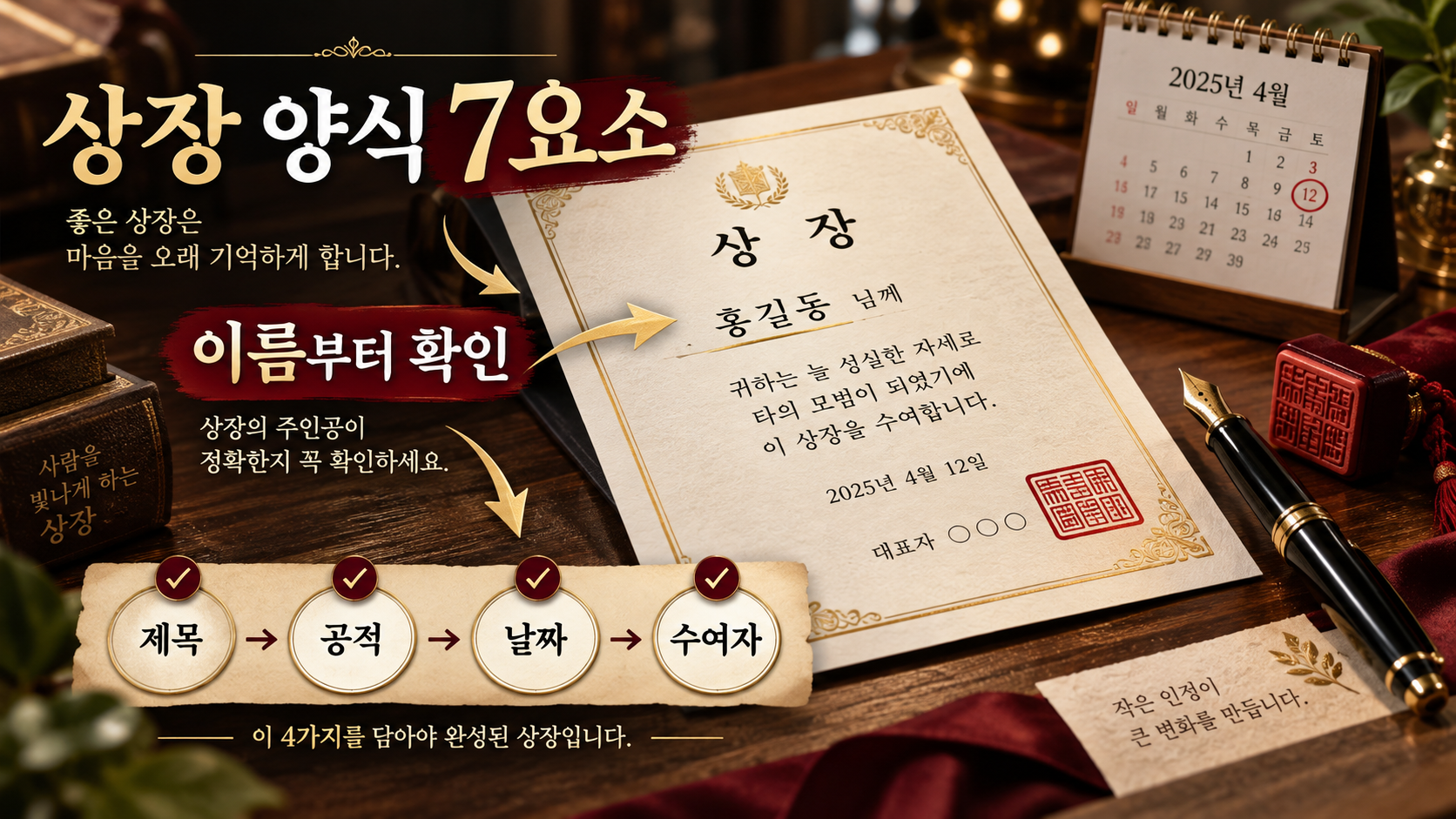 상장 양식의 제목, 이름, 공적, 날짜, 수여자 요소를 정리한 정보카드