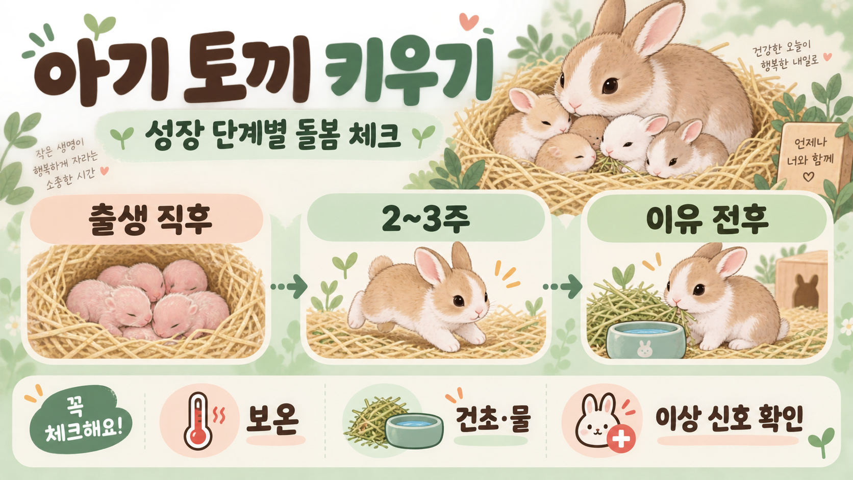 아기 토끼 키우기: 성장 단계별 돌봄과 주의사항 정보 카드