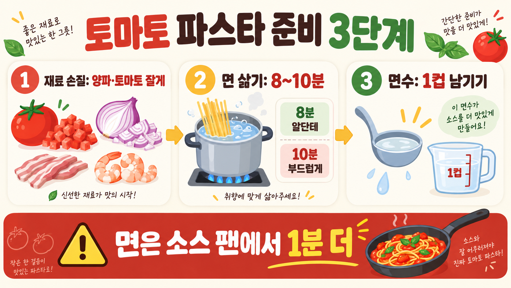 베이컨 새우 토마토 파스타 만들기: 소스부터 면 삶기까지 관련 정보 카드