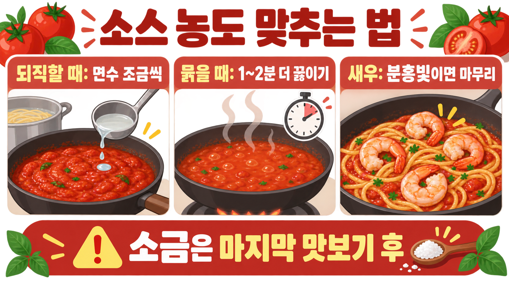 베이컨 새우 토마토 파스타 만들기: 소스부터 면 삶기까지 확인 정보 카드