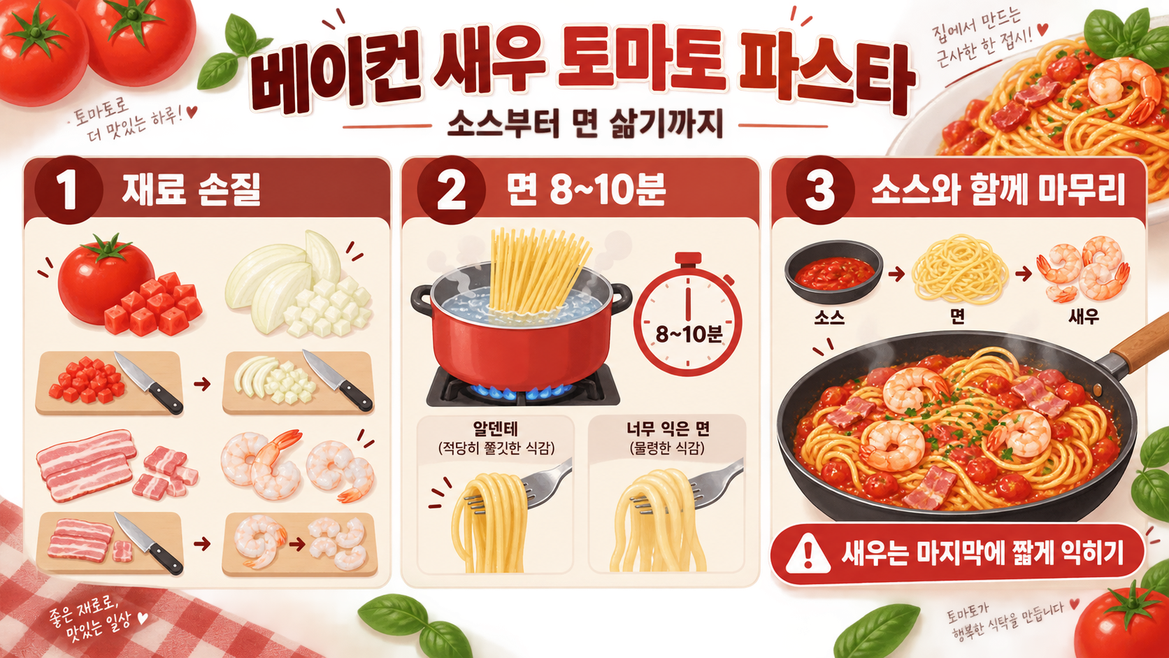 베이컨 새우 토마토 파스타 만들기: 소스부터 면 삶기까지 정보 카드