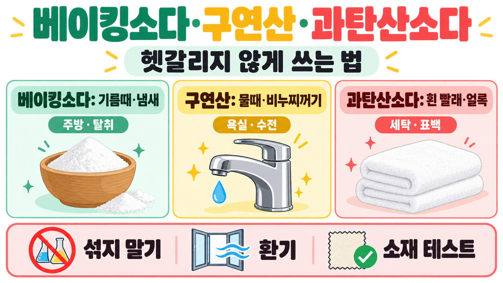 베이킹소다·구연산·과탄산소다, 헷갈리지 않게 쓰는 법 정보 카드