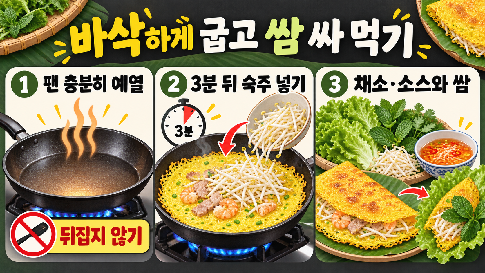 반쎄오 만들기: 가루 없이 바삭하게 굽는 법과 먹는 법 확인 정보 카드