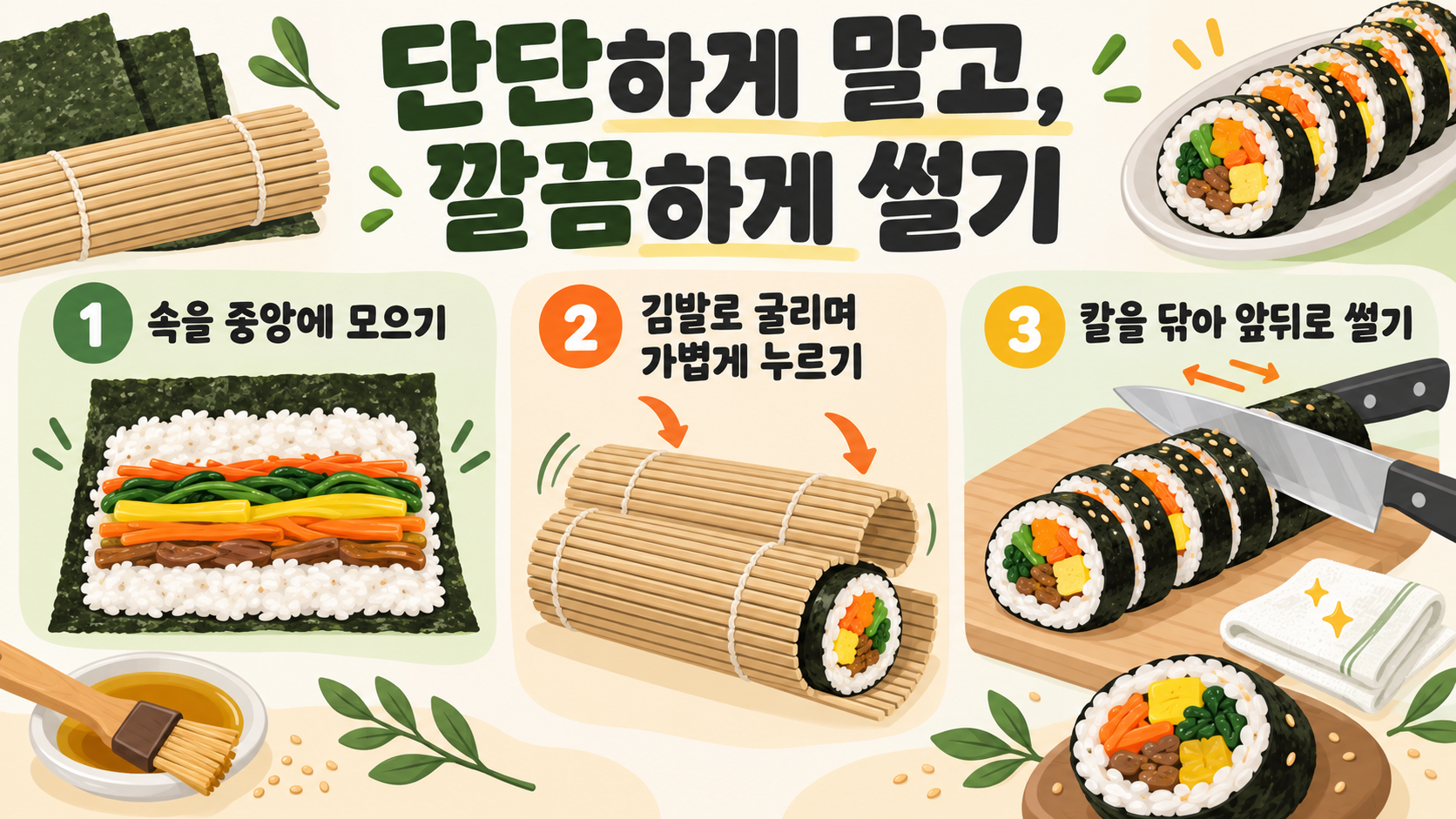 기본 김밥 만들기: 김 앞뒤·밥 양념·말기 순서 정리 확인 정보 카드