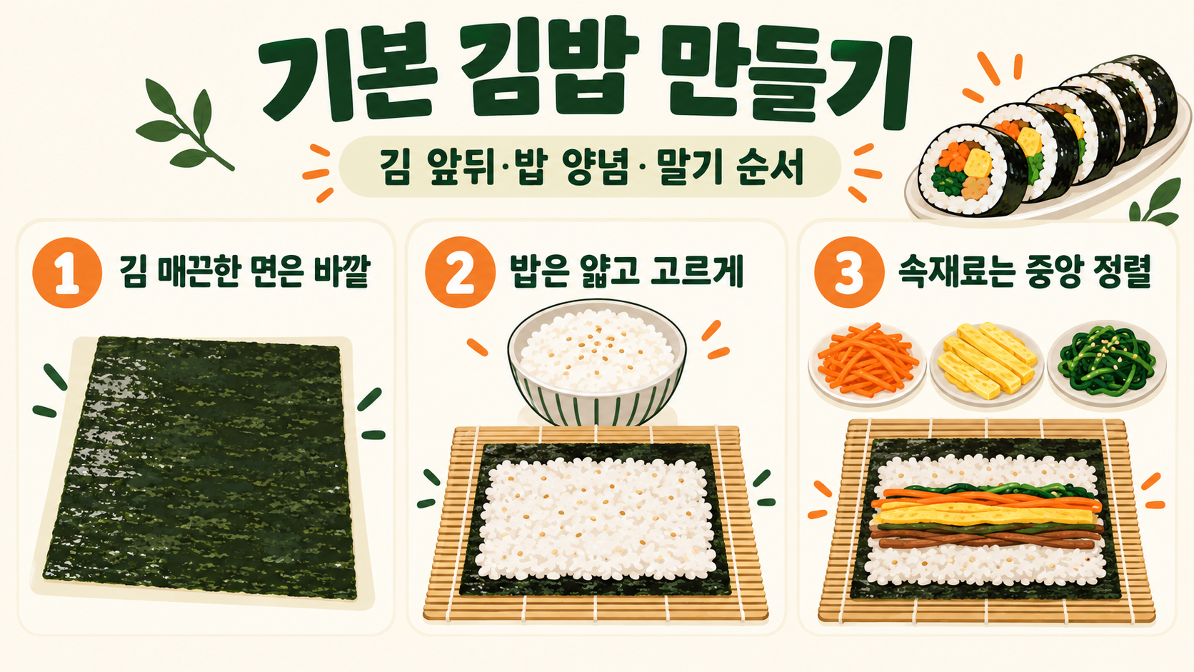 기본 김밥 만들기: 김 앞뒤·밥 양념·말기 순서 정리 정보 카드