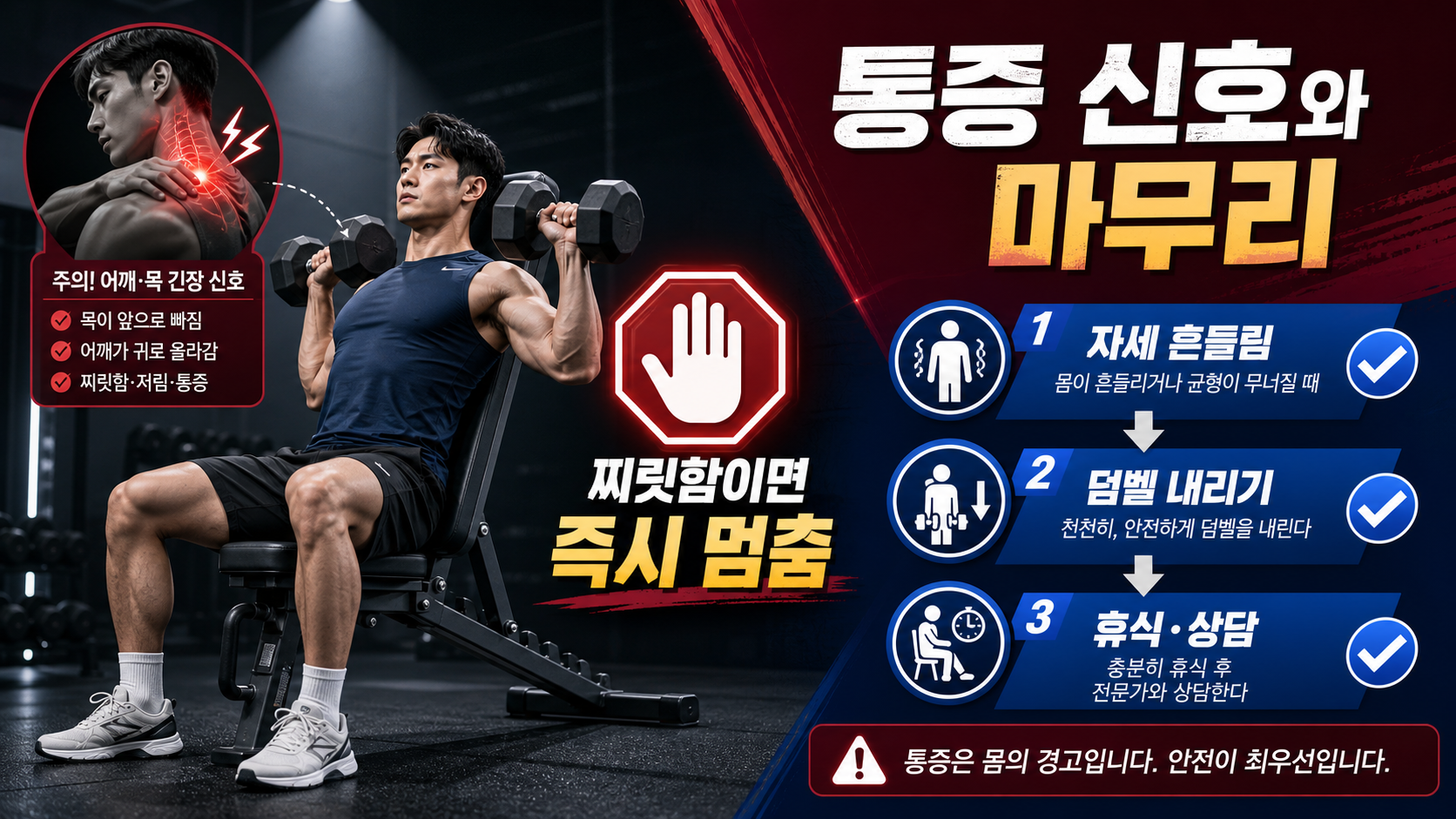 덤벨 숄더프레스 안전 점검과 중단 신호 정보카드