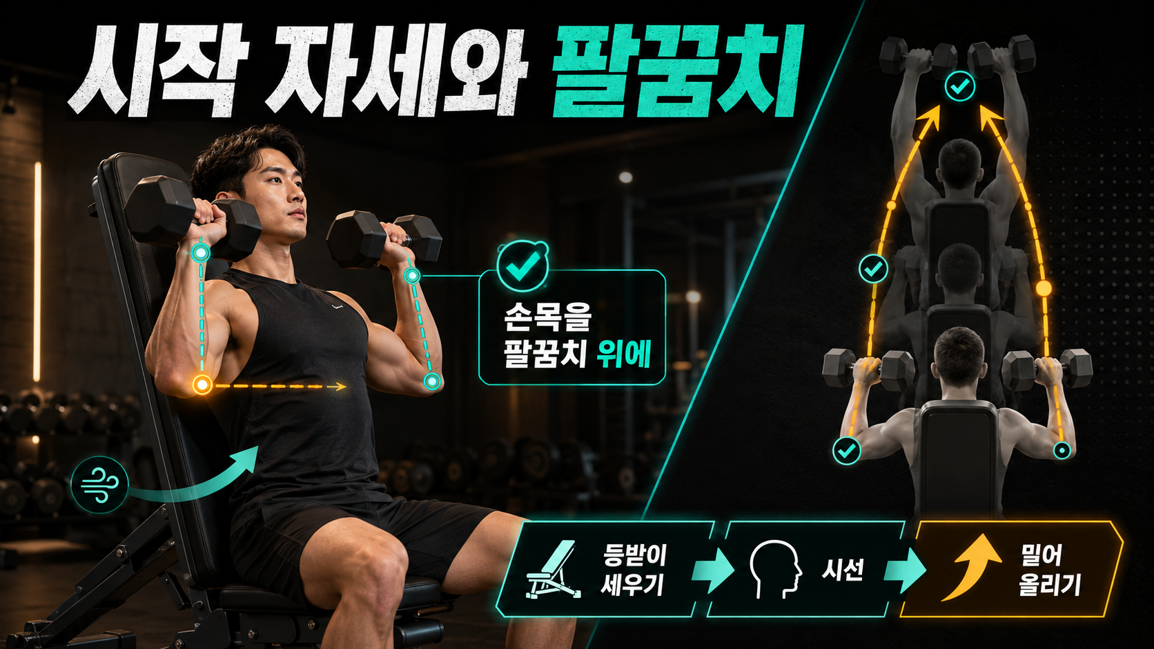 덤벨 숄더프레스 시작 자세와 팔꿈치 경로 정보카드