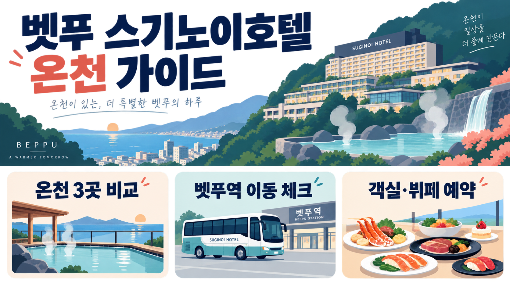 벳푸 스기노이호텔 온천 여행 가이드: 객실·온천·셔틀·뷔페 이용 팁 정보 카드