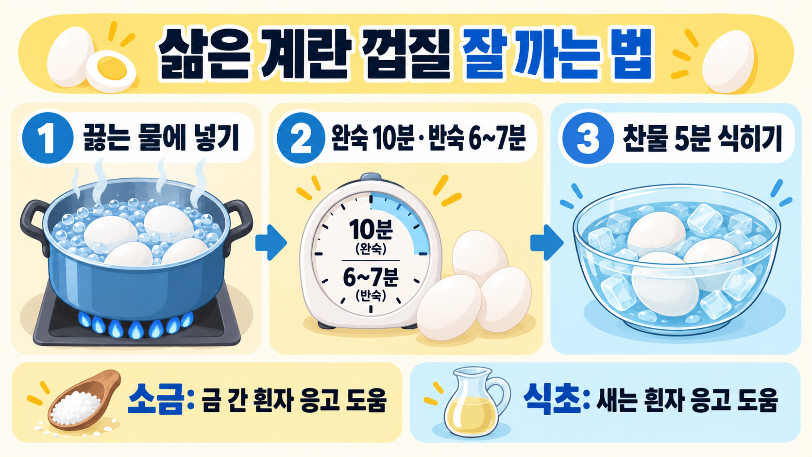 삶은 계란 껍질 잘 까지게 삶는 법: 소금·식초·찬물 활용 가이드 정보 카드