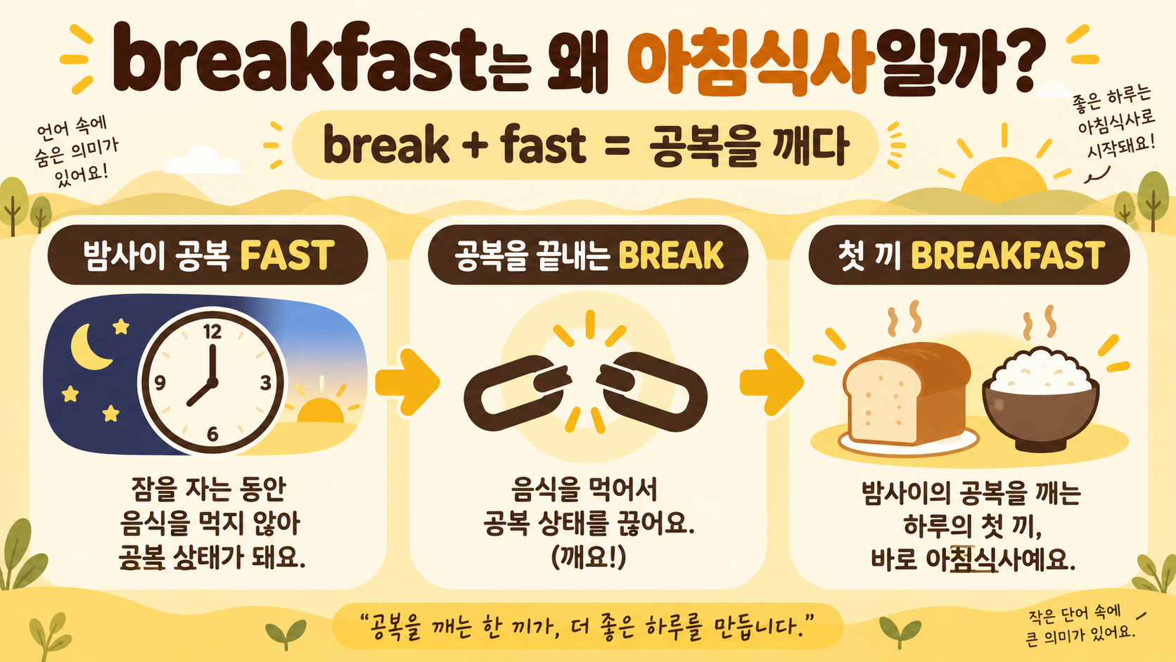 breakfast는 왜 아침식사일까? break+fast 어원과 영어 표현 정리 정보 카드