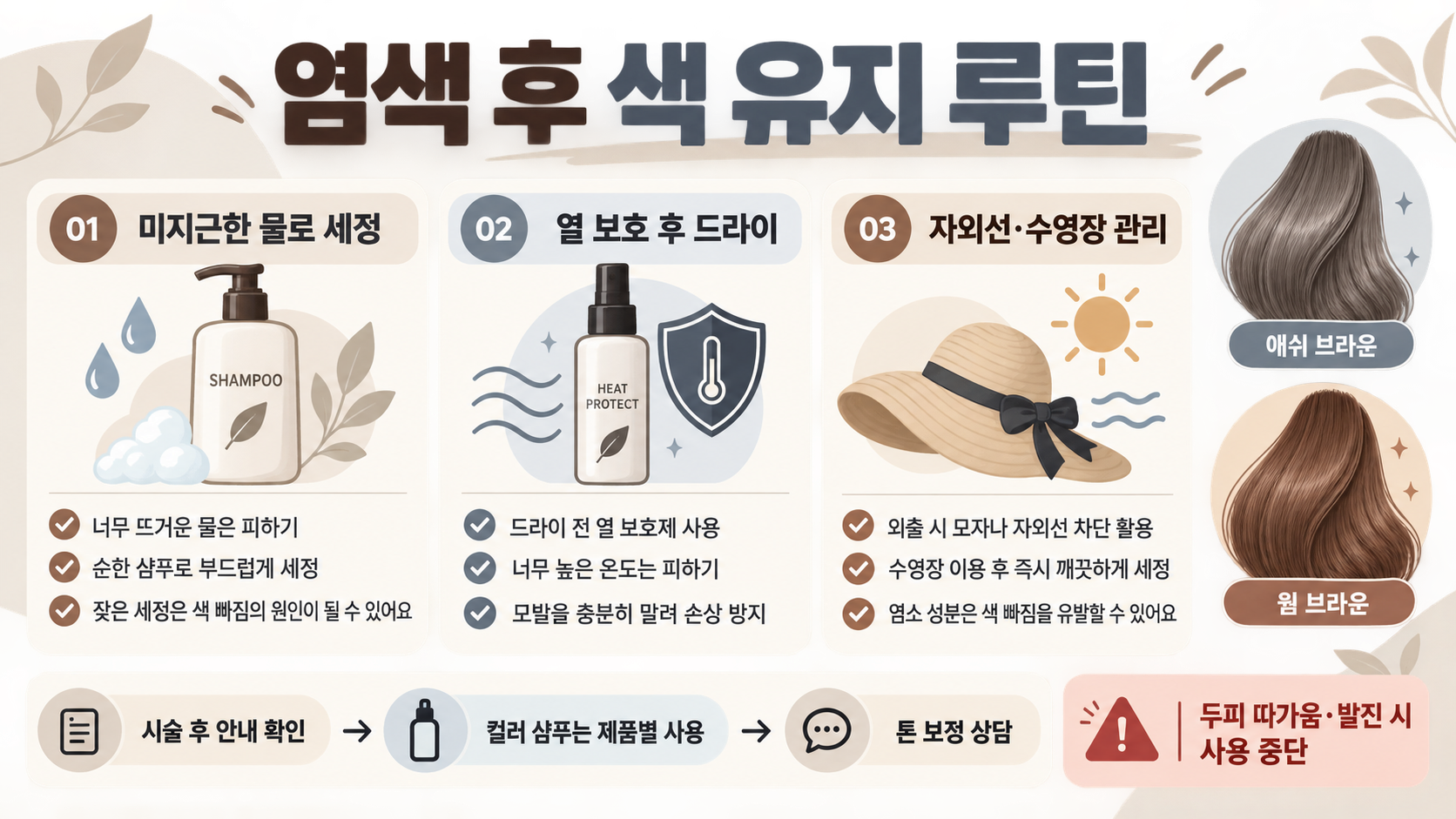 갈색·애쉬 브라운 염색 종류와 피부톤별 헤어컬러 고르는 법 확인 정보 카드