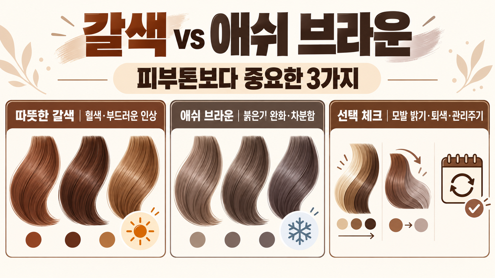 갈색·애쉬 브라운 염색 종류와 피부톤별 헤어컬러 고르는 법 정보 카드