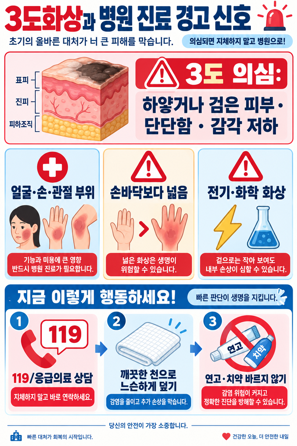 화상 단계별 특징과 응급처치: 1도·2도·3도 구분법 확인 정보 카드