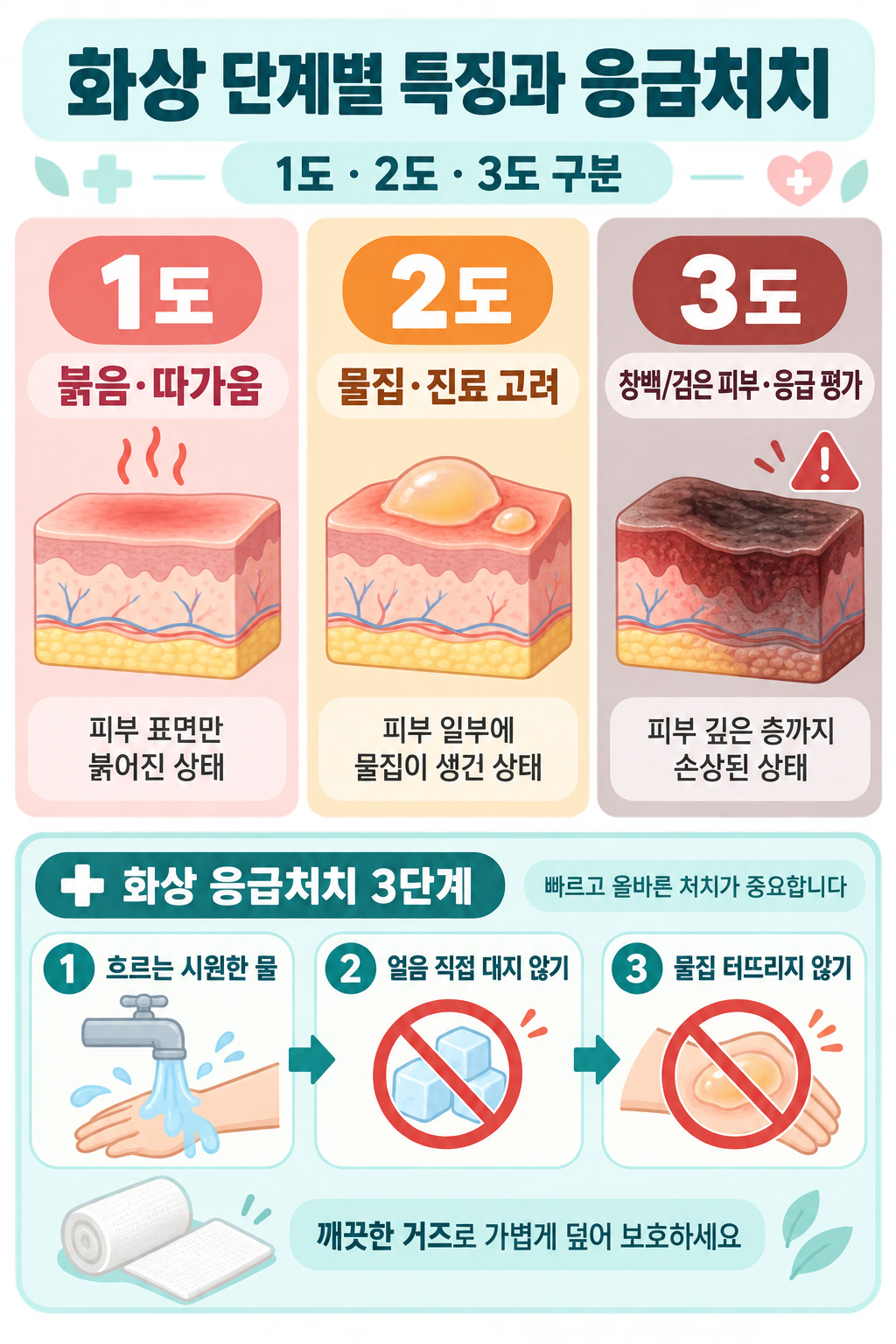 화상 단계별 특징과 응급처치: 1도·2도·3도 구분법 정보 카드