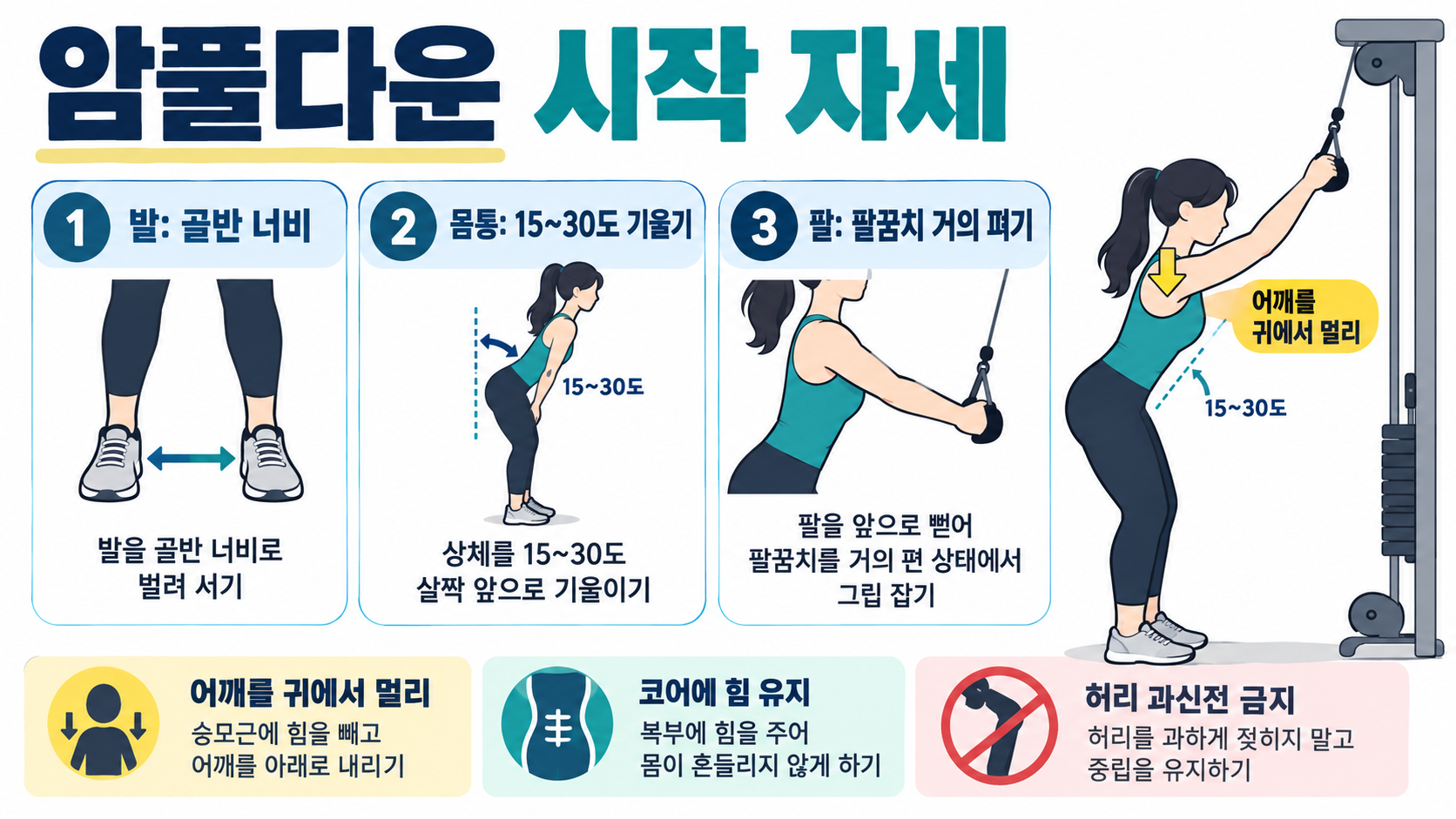 케이블 암풀다운 자세와 운동 방법: 등 자극을 높이는 체크포인트 관련 정보 카드