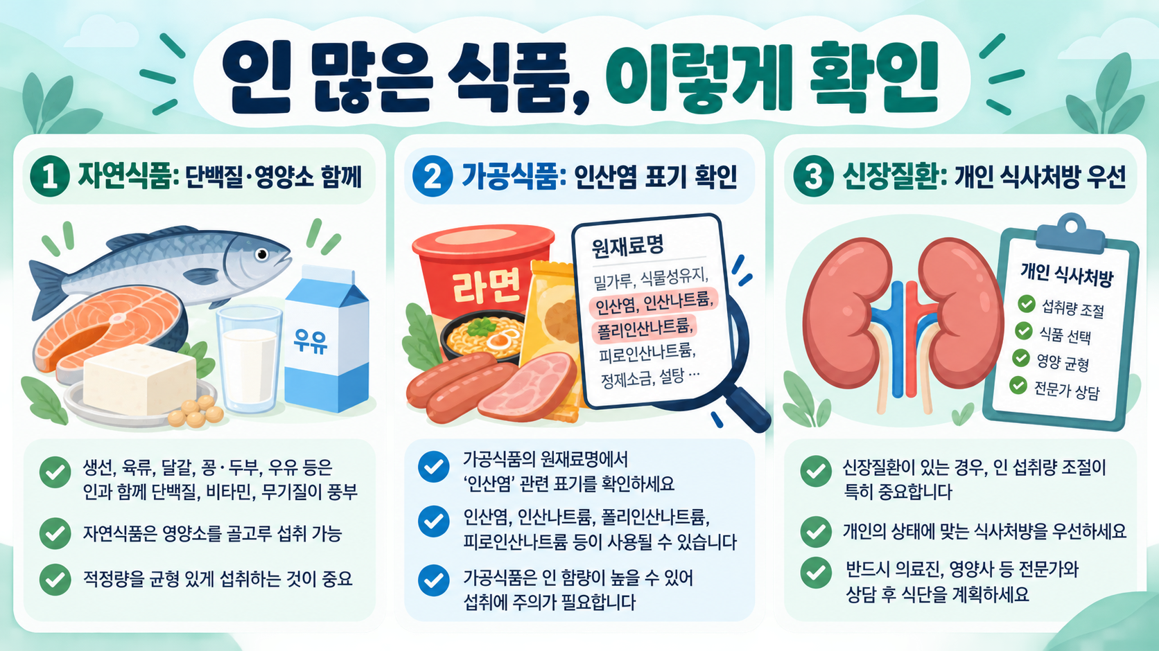 칼슘과 인의 관계: 신장 건강을 위한 식사·검사 이해 관련 정보 카드