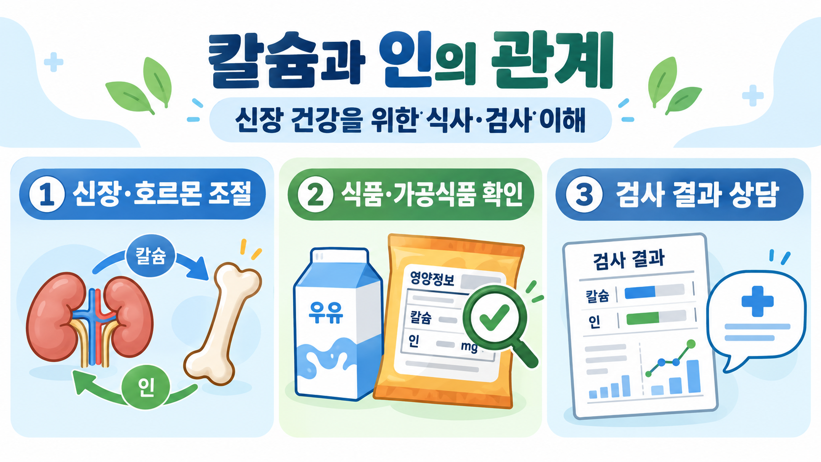 칼슘과 인의 관계: 신장 건강을 위한 식사·검사 이해 정보 카드