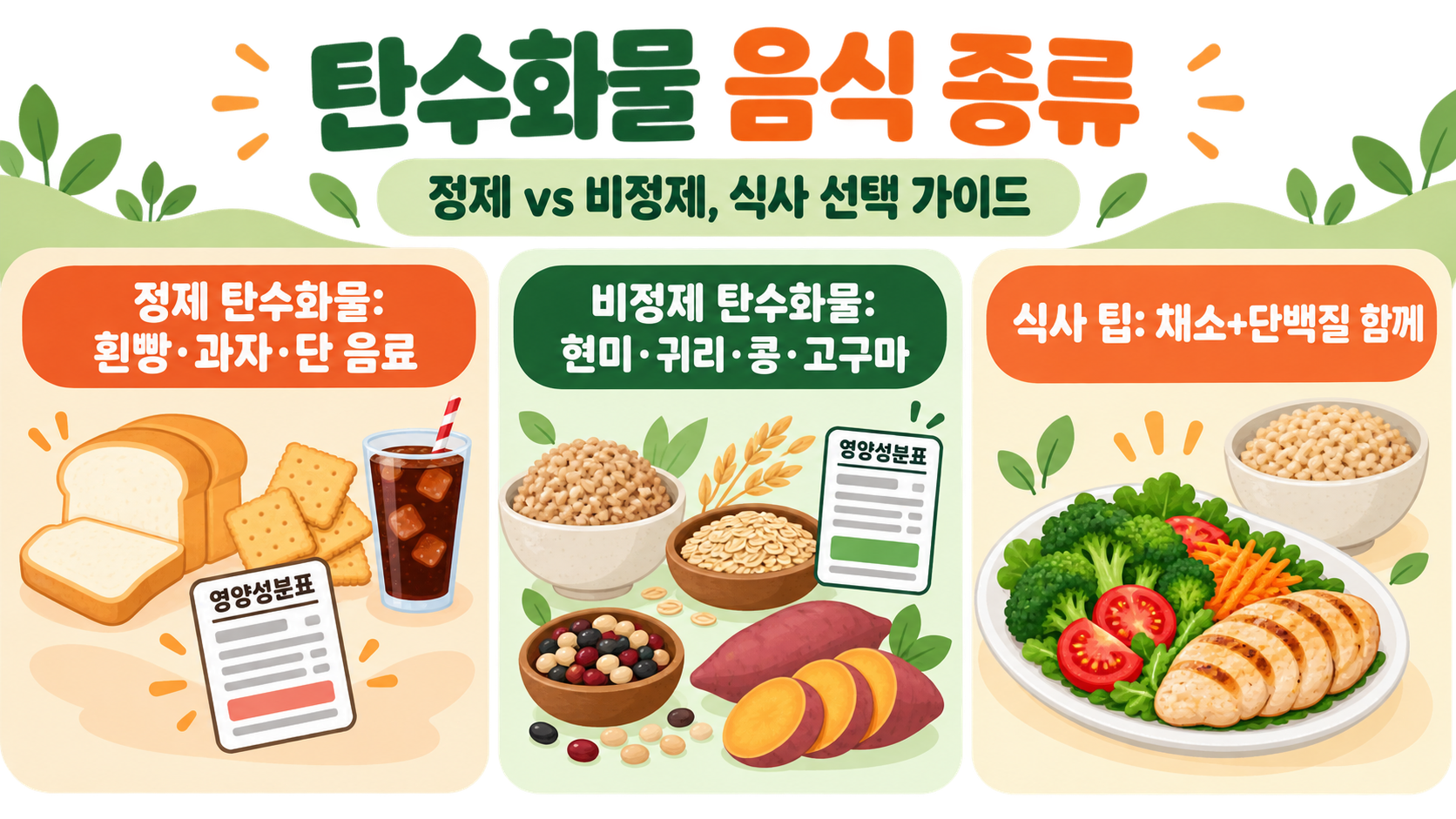 탄수화물 음식 종류: 정제·비정제 탄수화물 한눈에 정리 정보 카드