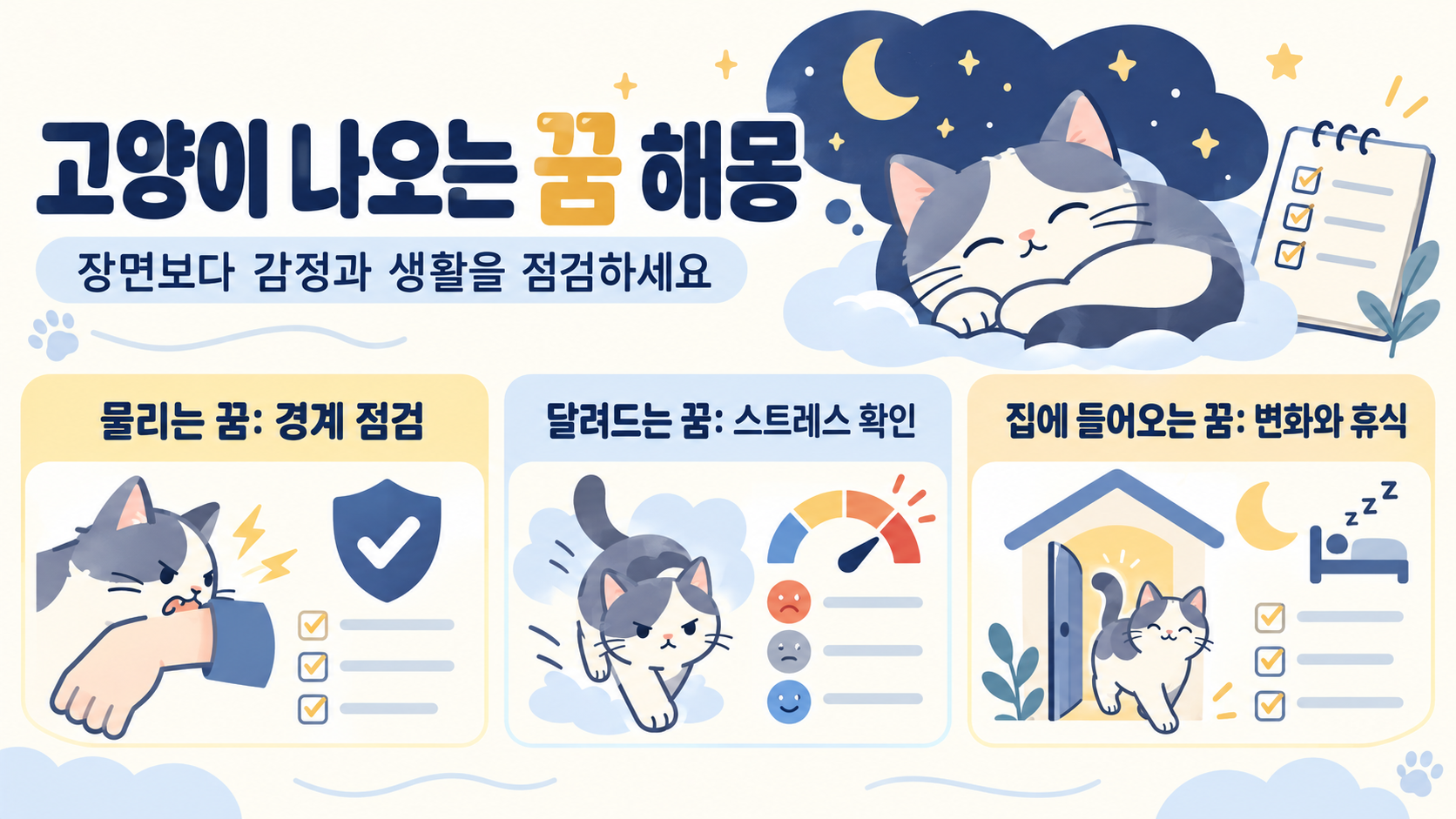 고양이 나오는 꿈 해몽: 물리는·달려드는·많은 고양이·집에 들어오는 상황 정리 정보 카드