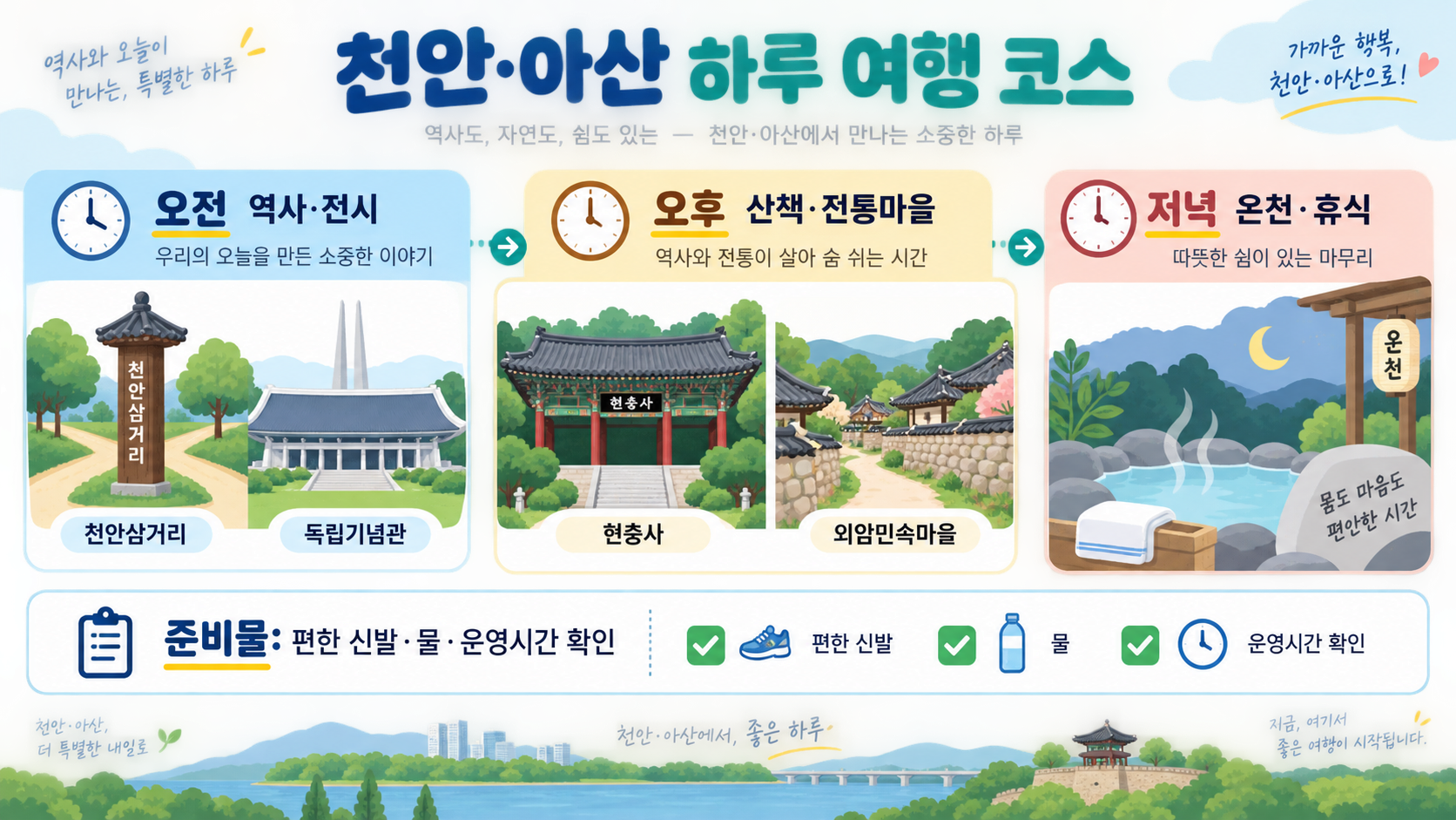 천안·아산 가볼만한 곳 9선: 하루 여행 코스와 준비 체크리스트 정보 카드