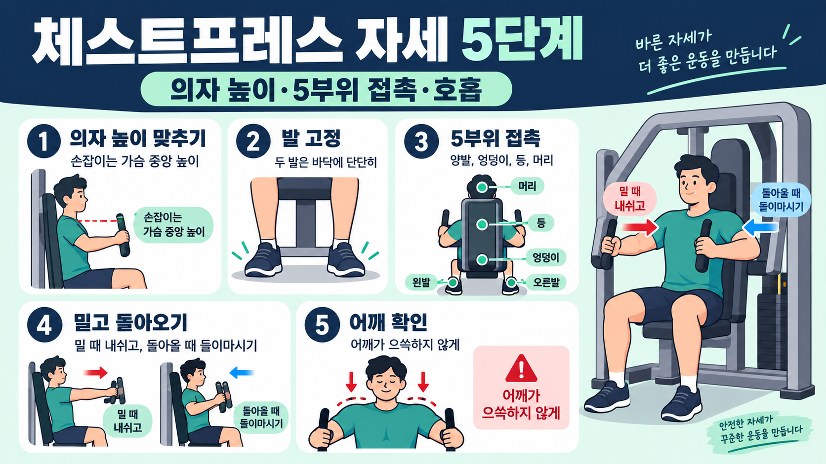 체스트프레스 머신 자세와 방법: 초보자 안전 가이드 정보 카드