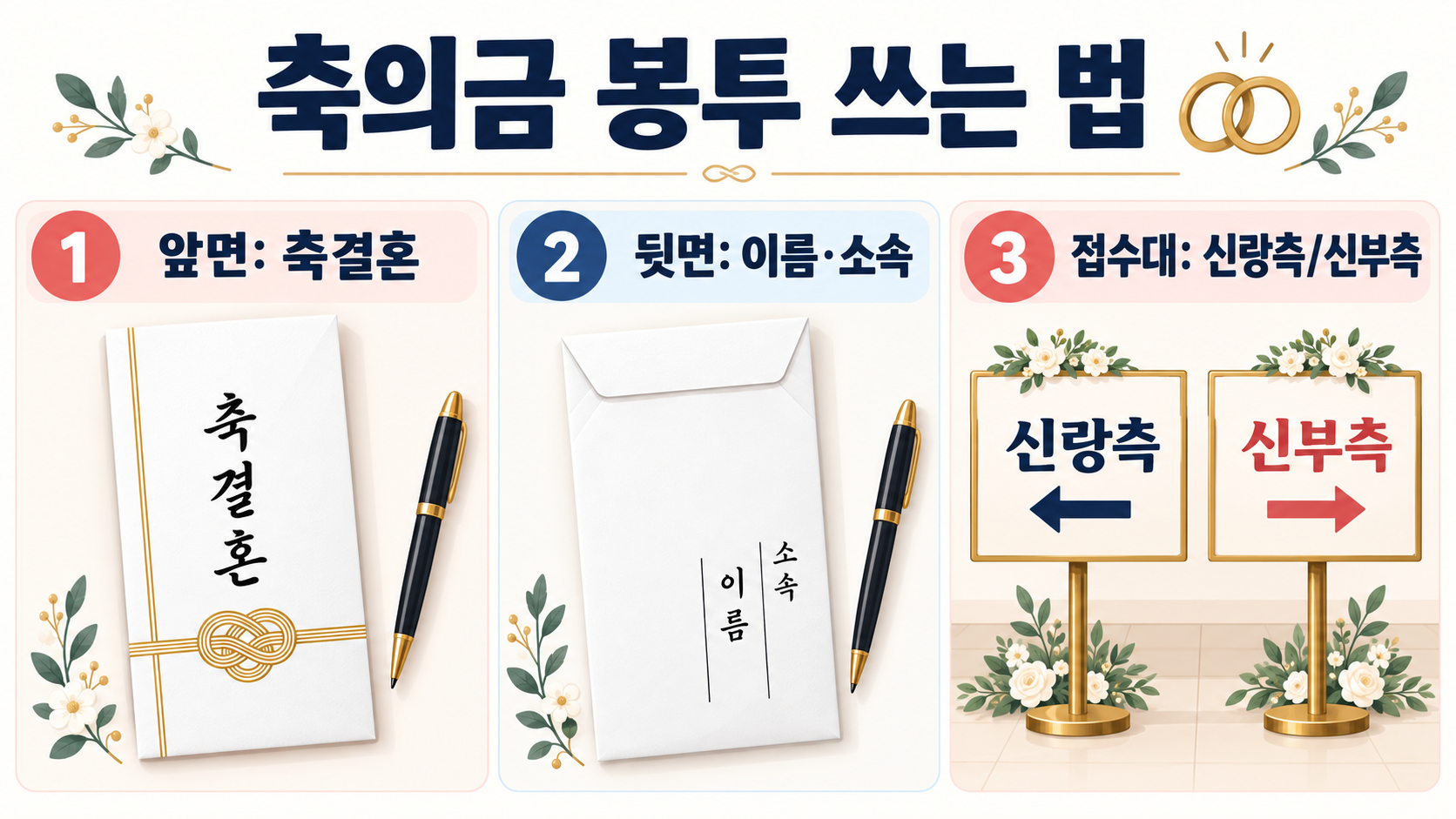 축의금 봉투 쓰는 법: 신랑측·신부측 표기와 예절 정보 카드