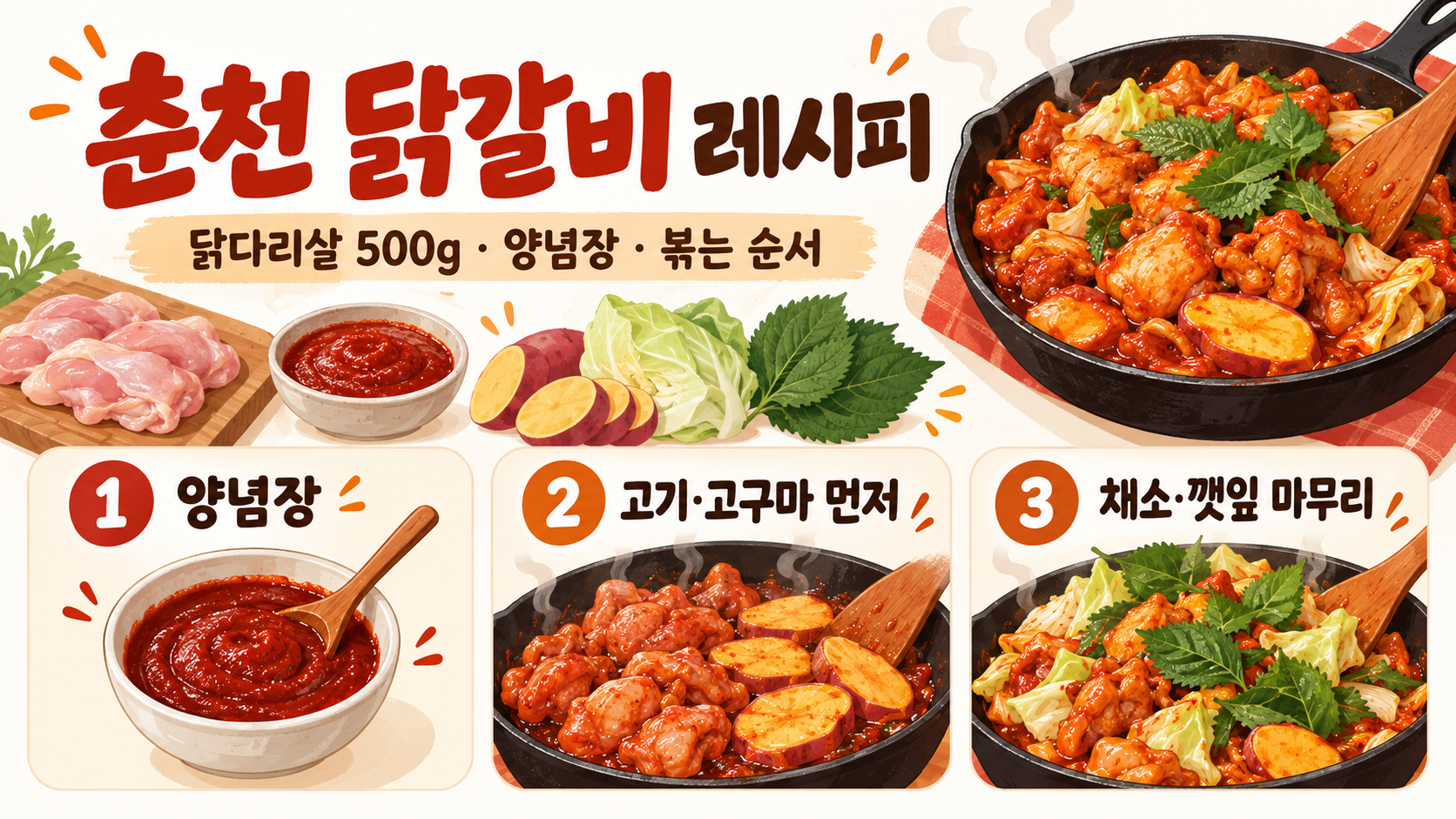춘천 닭갈비 레시피: 양념장부터 볶음밥까지 정보 카드