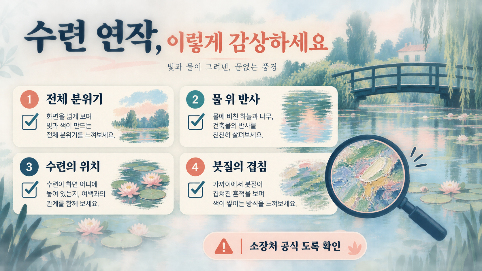 클로드 모네 대표작품: 인상주의를 읽는 7가지 장면 확인 정보 카드