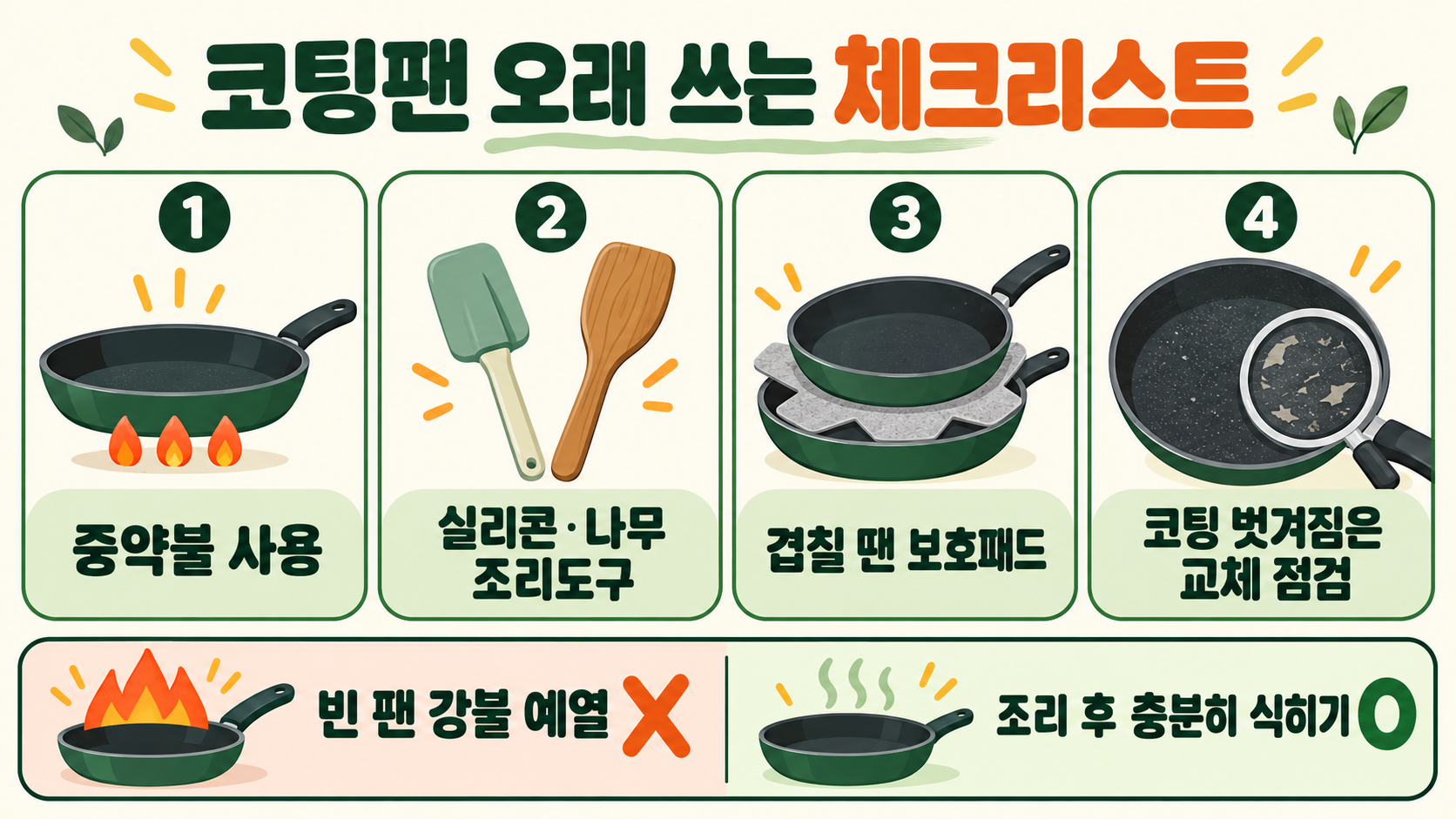 새 프라이팬 세척과 길들이기: 오래 쓰는 코팅팬 관리법 확인 정보 카드