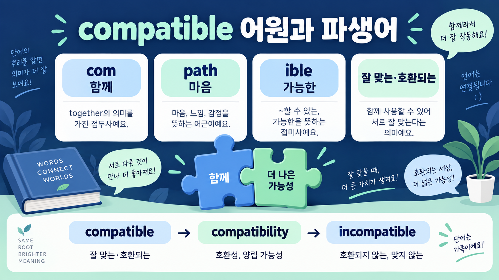 compatible 어원과 파생어: compatibility·incompatible 쉽게 외우기 정보 카드