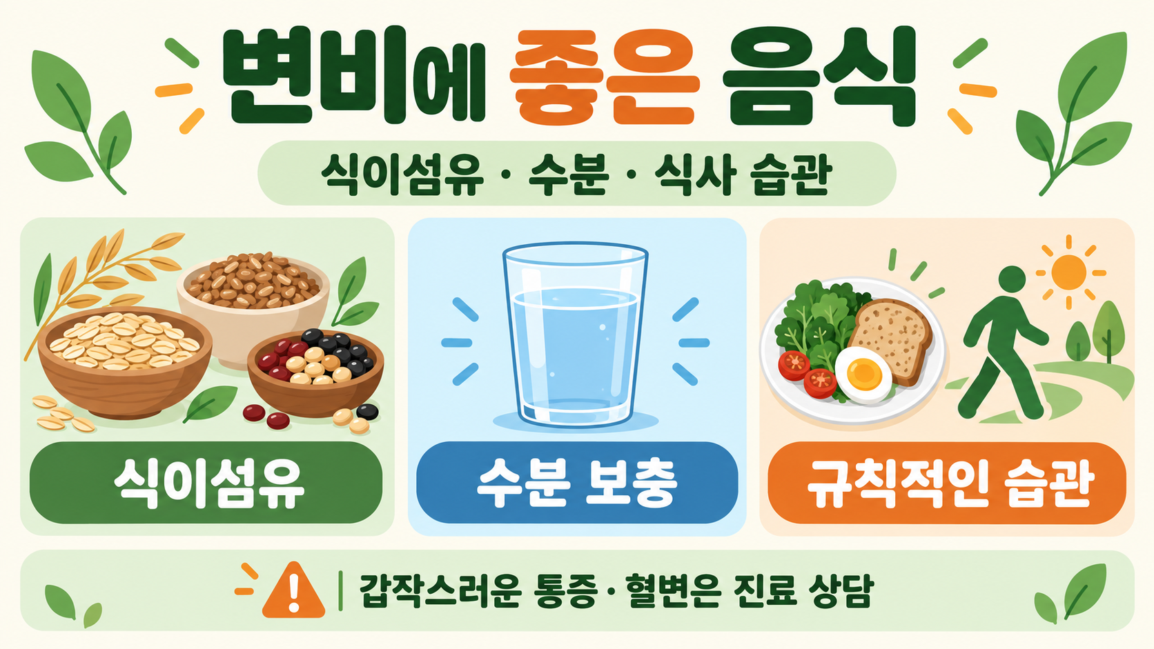 변비에 좋은 음식: 식이섬유·수분·식사 습관 정리 정보 카드