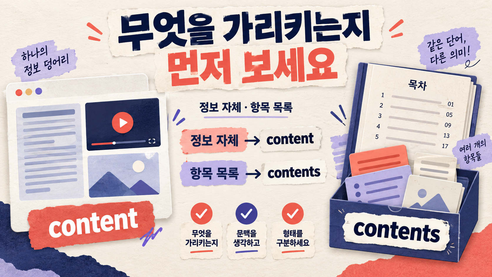 정보 자체와 항목 목록을 비교하는 content와 contents 정보카드