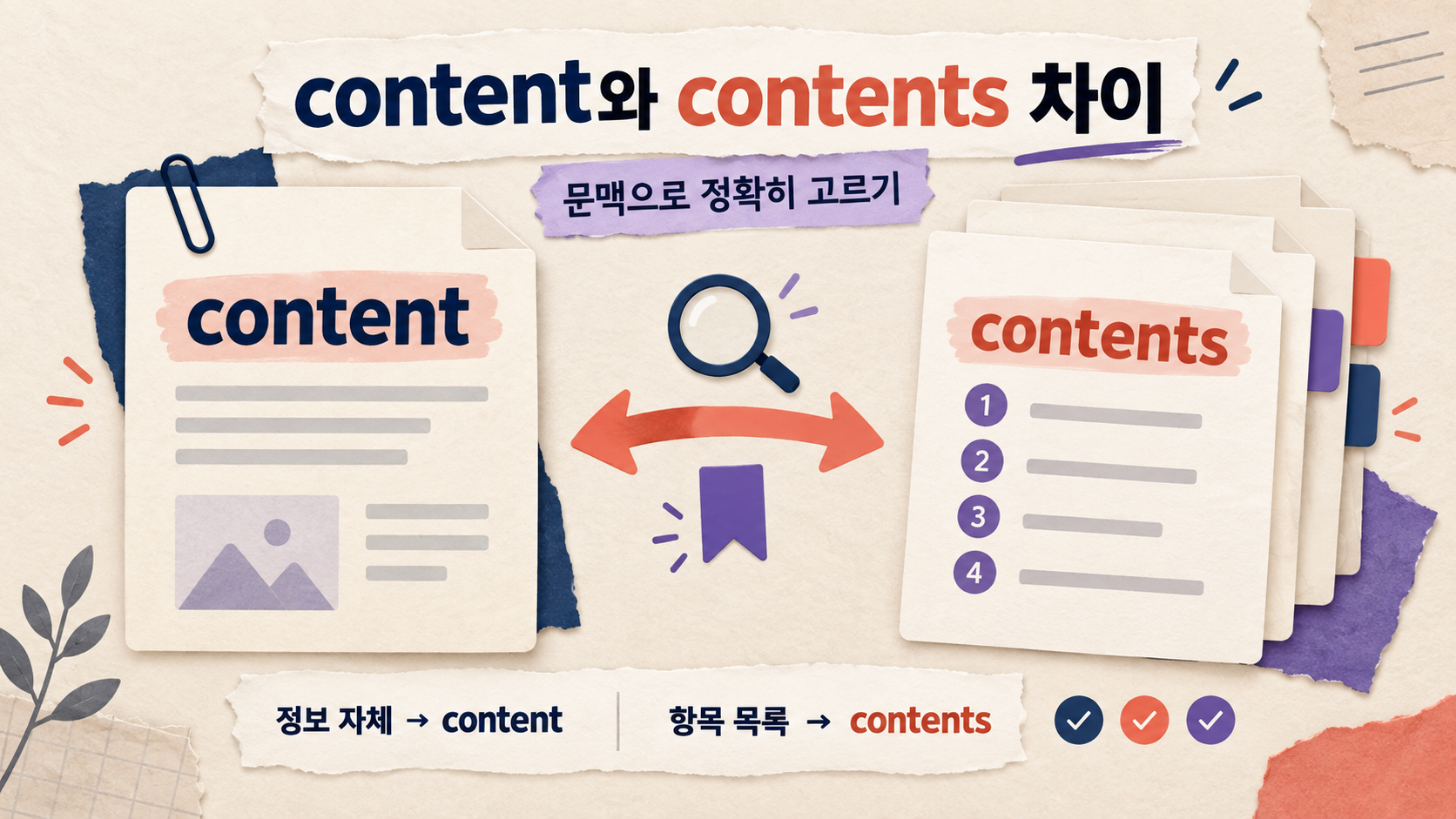 content와 contents 차이를 비교하는 한국형 정보 카드
