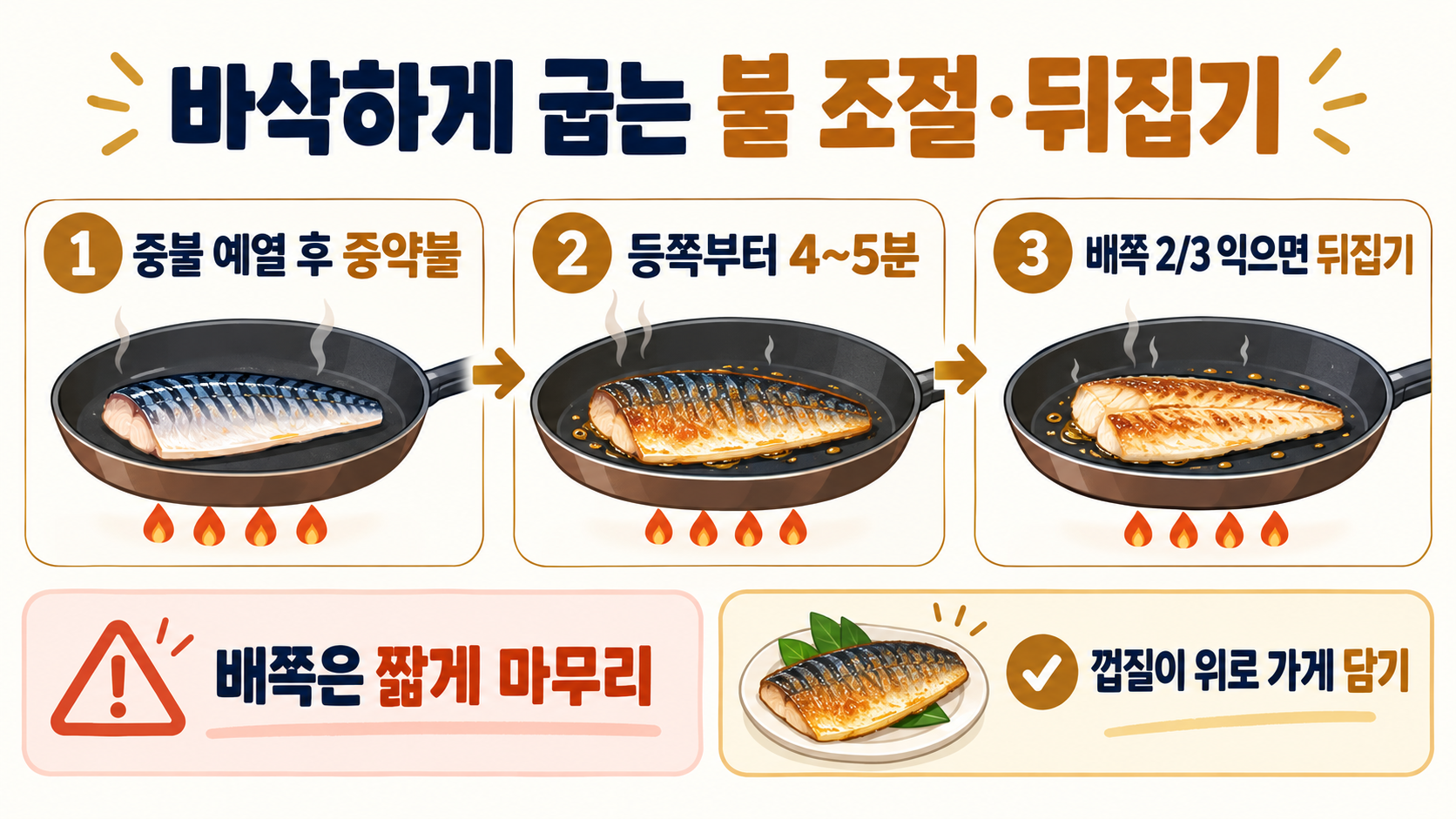연기와 냄새를 줄이는 고등어구이 방법: 껍질 바삭하게 굽는 순서 확인 정보 카드