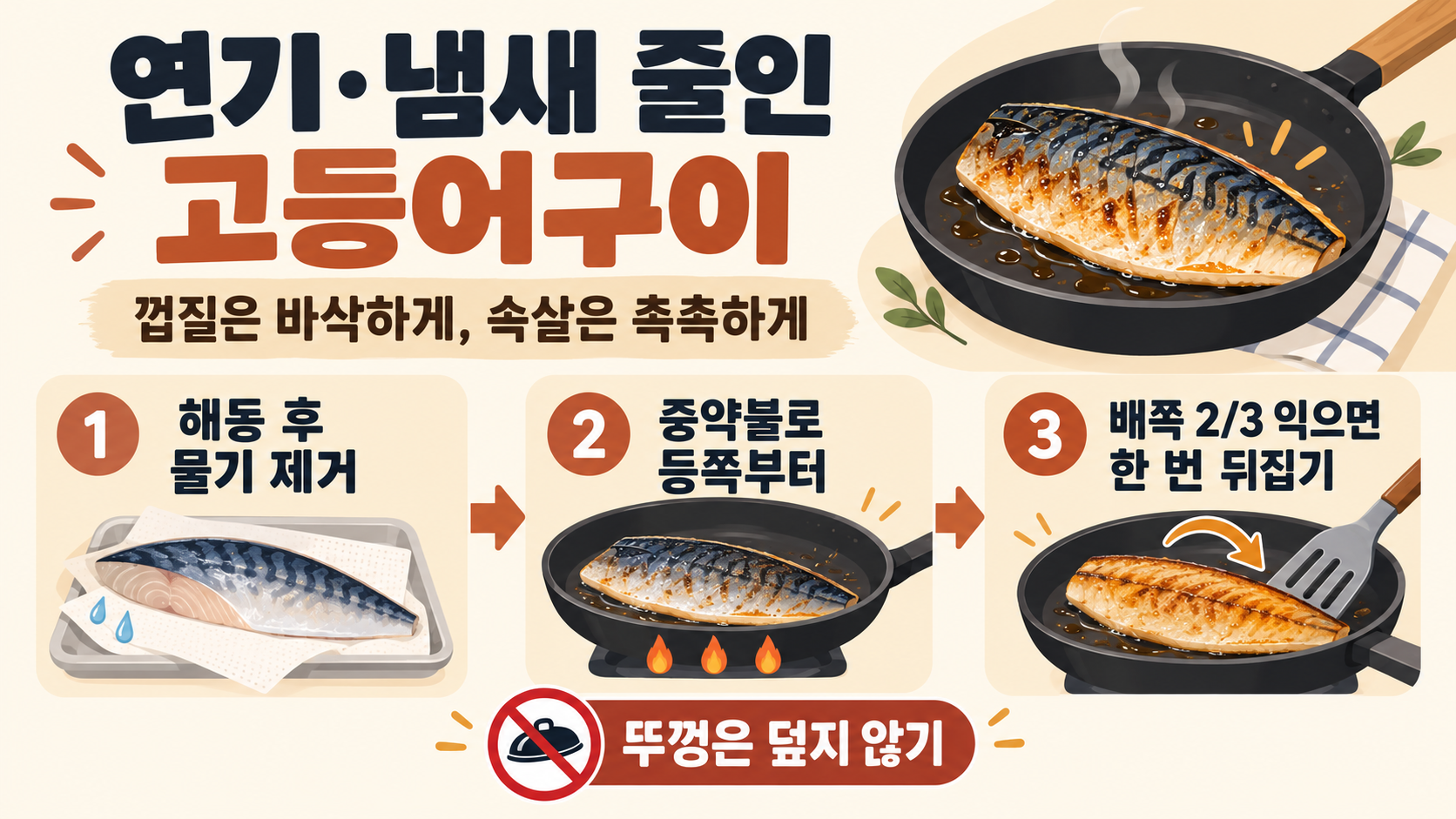연기와 냄새를 줄이는 고등어구이 방법: 껍질 바삭하게 굽는 순서 정보 카드