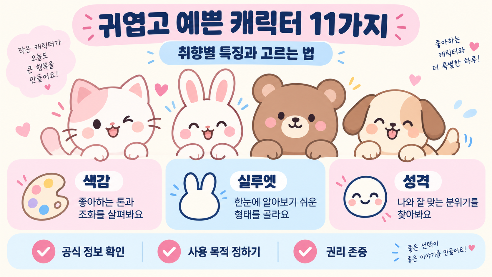귀엽고 예쁜 캐릭터 11가지: 취향별 특징과 고르는 법 정보 카드