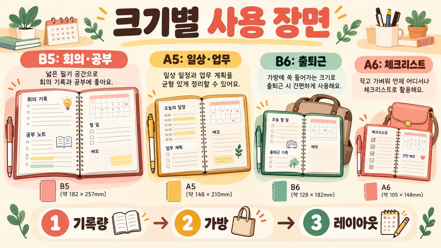 다이어리 크기 비교: B5·B6·A5·A6 사이즈 차이와 용도별 선택 가이드 관련 정보 카드