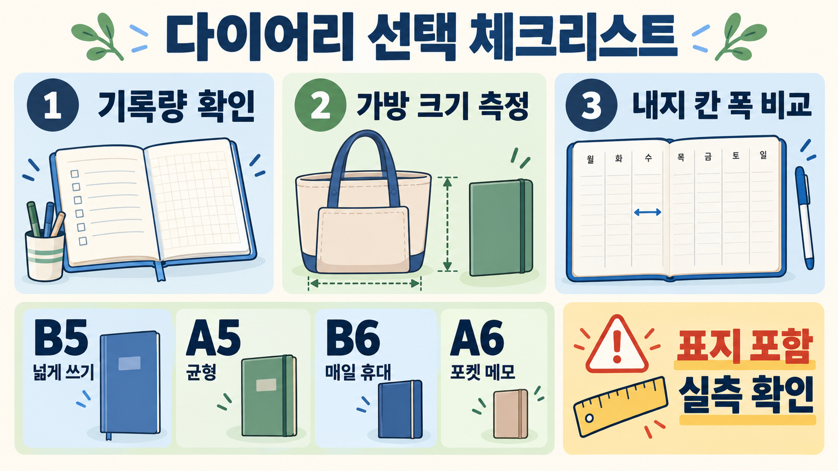 다이어리 크기 비교: B5·B6·A5·A6 사이즈 차이와 용도별 선택 가이드 확인 정보 카드