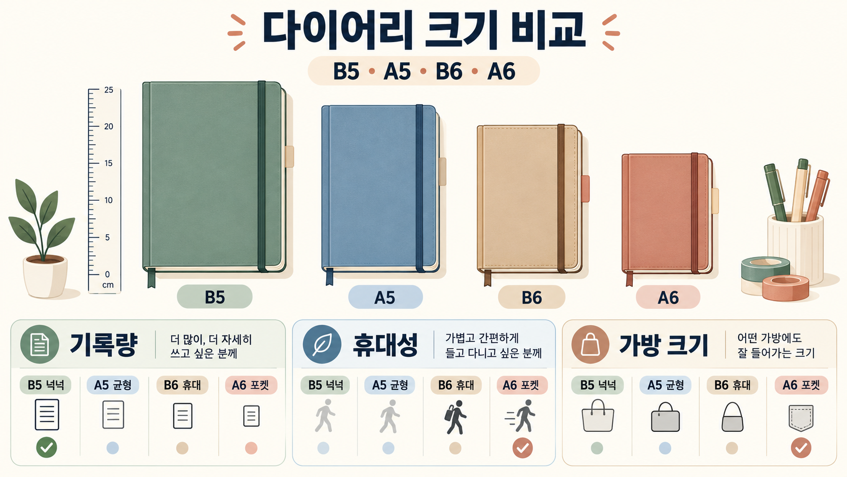 다이어리 크기 비교: B5·B6·A5·A6 사이즈 차이와 용도별 선택 가이드 정보 카드